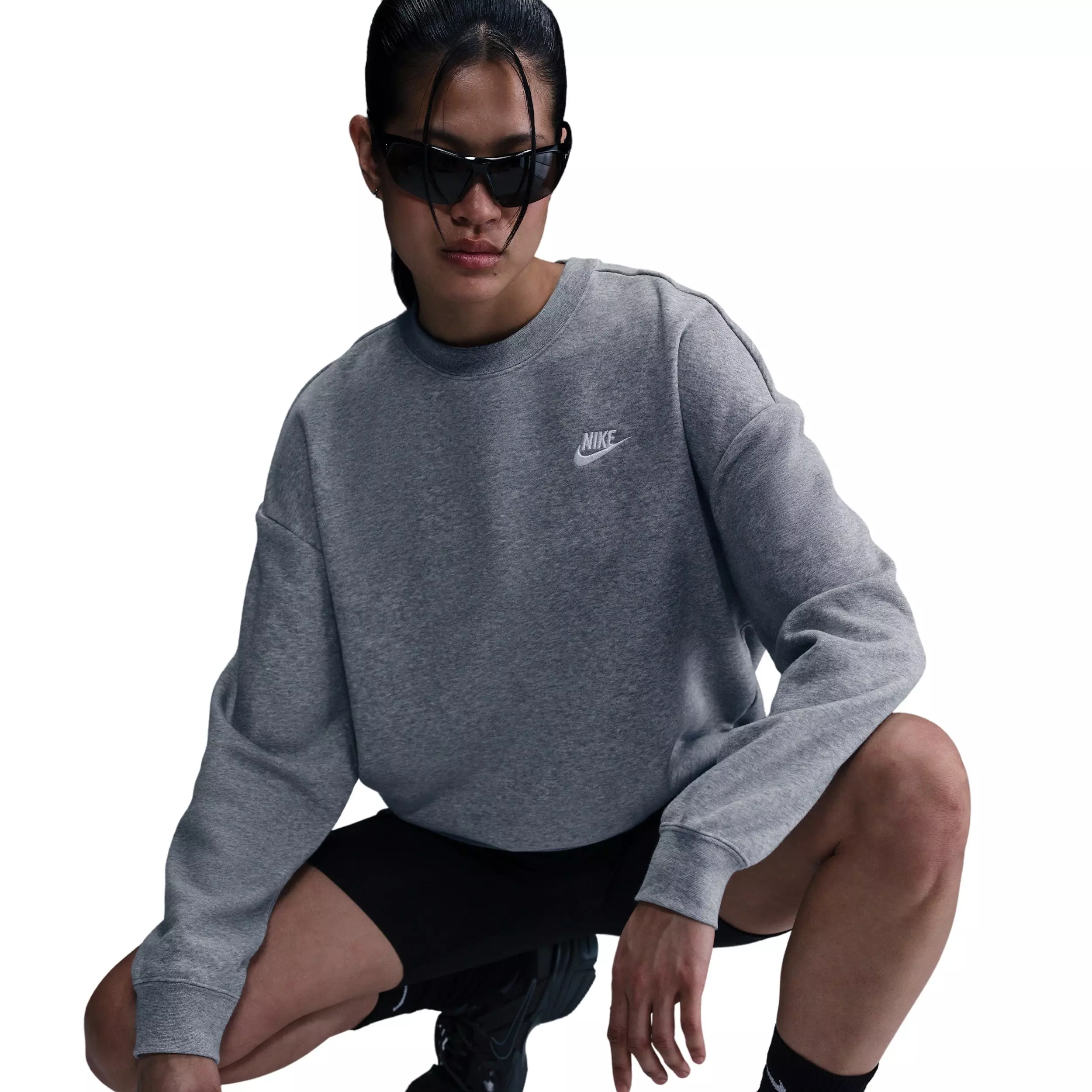 Nike Women's Sportswear Club Fleece Loose Crew-Neck Sweatshirt - Grey - GREY