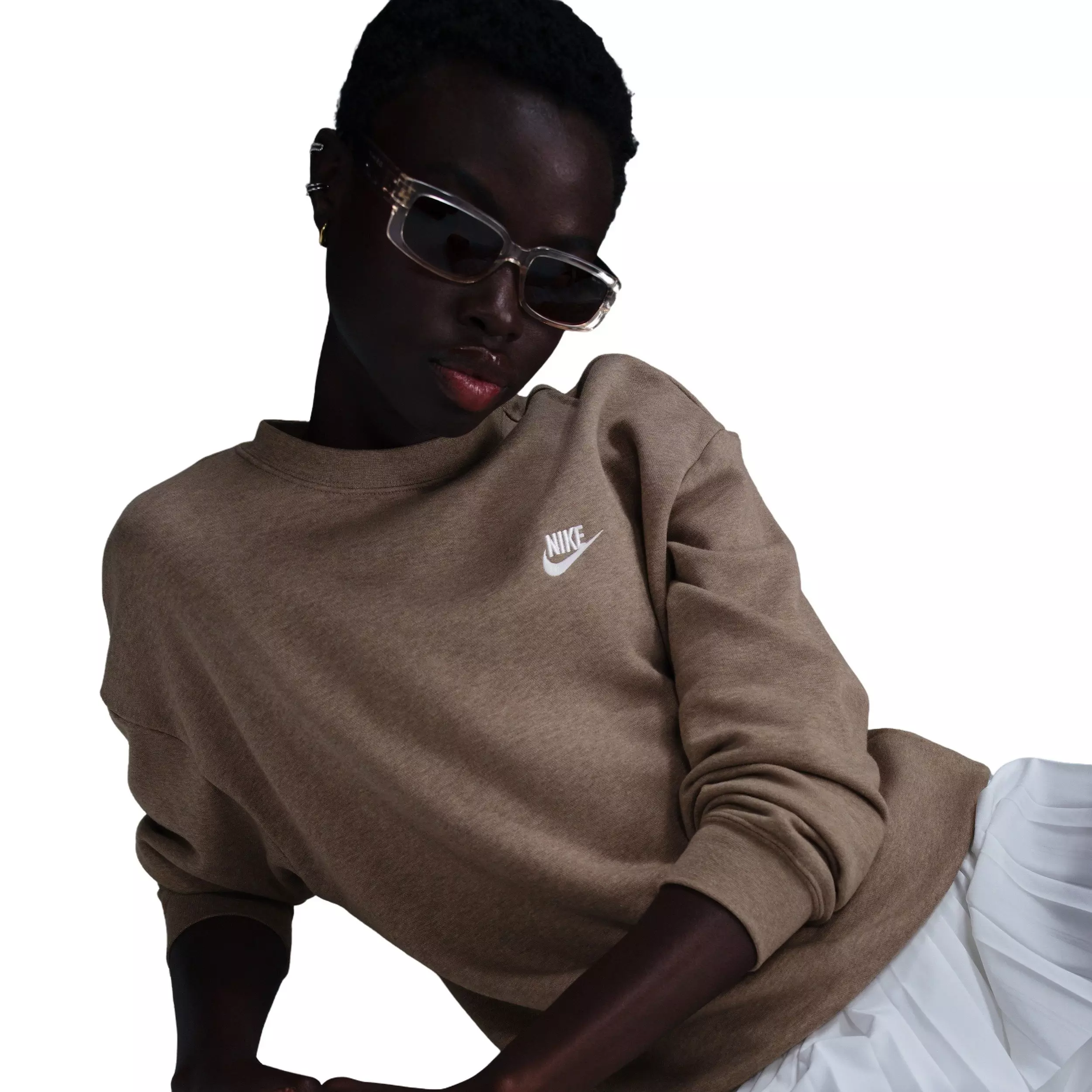 Nike Women's Sportswear Club Fleece Loose Crew-Neck Sweatshirt -Brown - BROWN