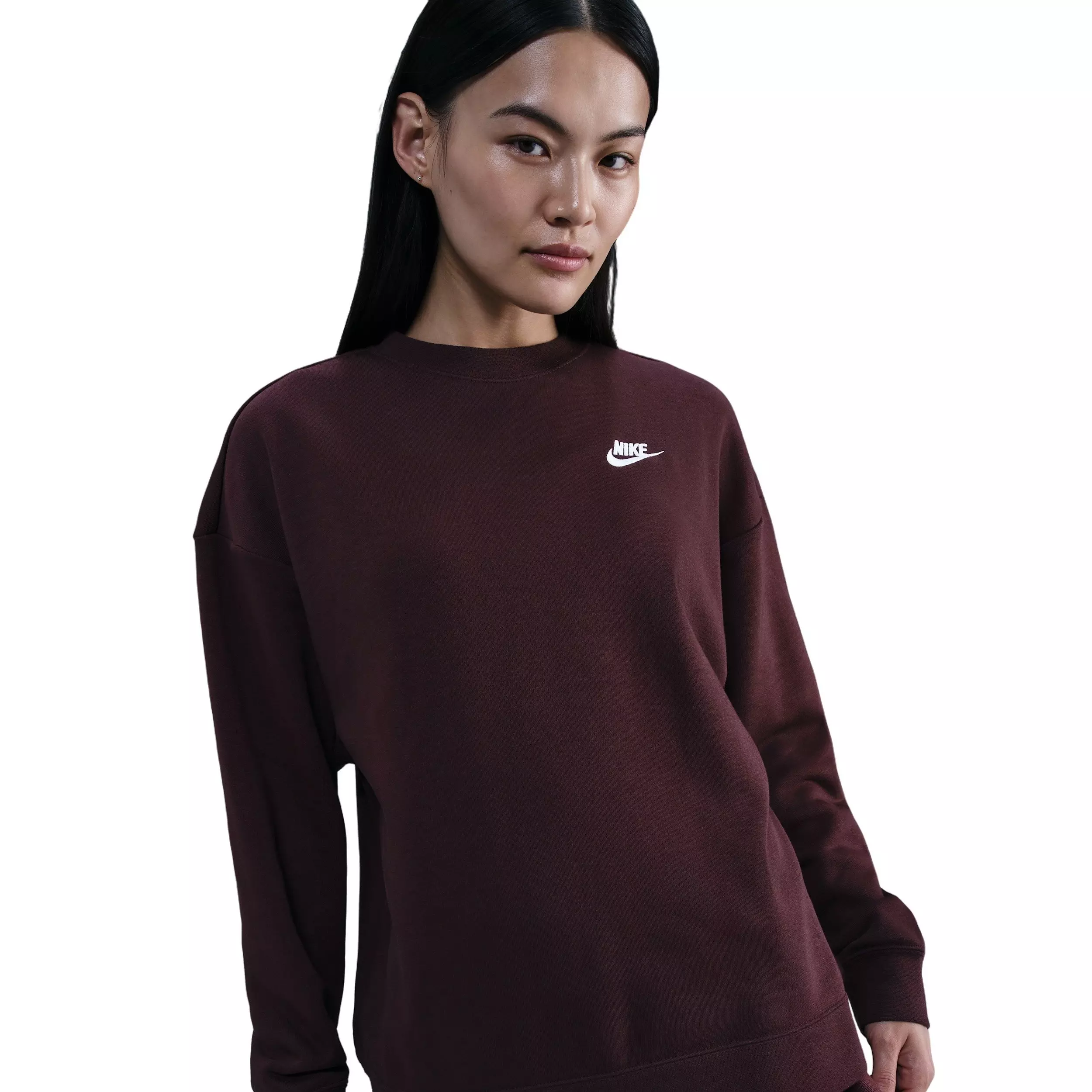 Nike Women's Sportswear Club Fleece Loose Crew-Neck Sweatshirt - Burgundy - BURGUNDY