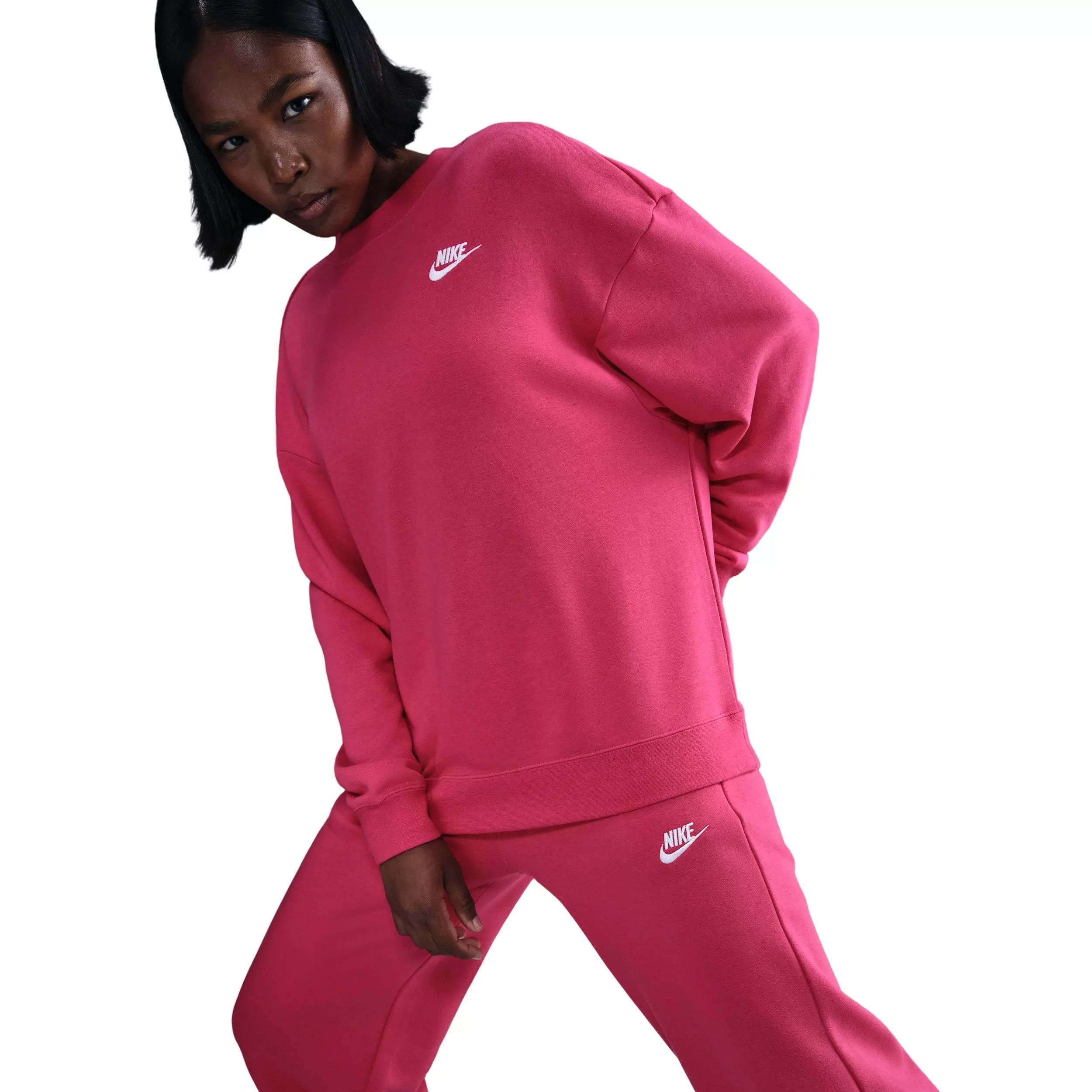 Nike Women's Sportswear Club Fleece Loose Crew-Neck Sweatshirt -Pink - PINK