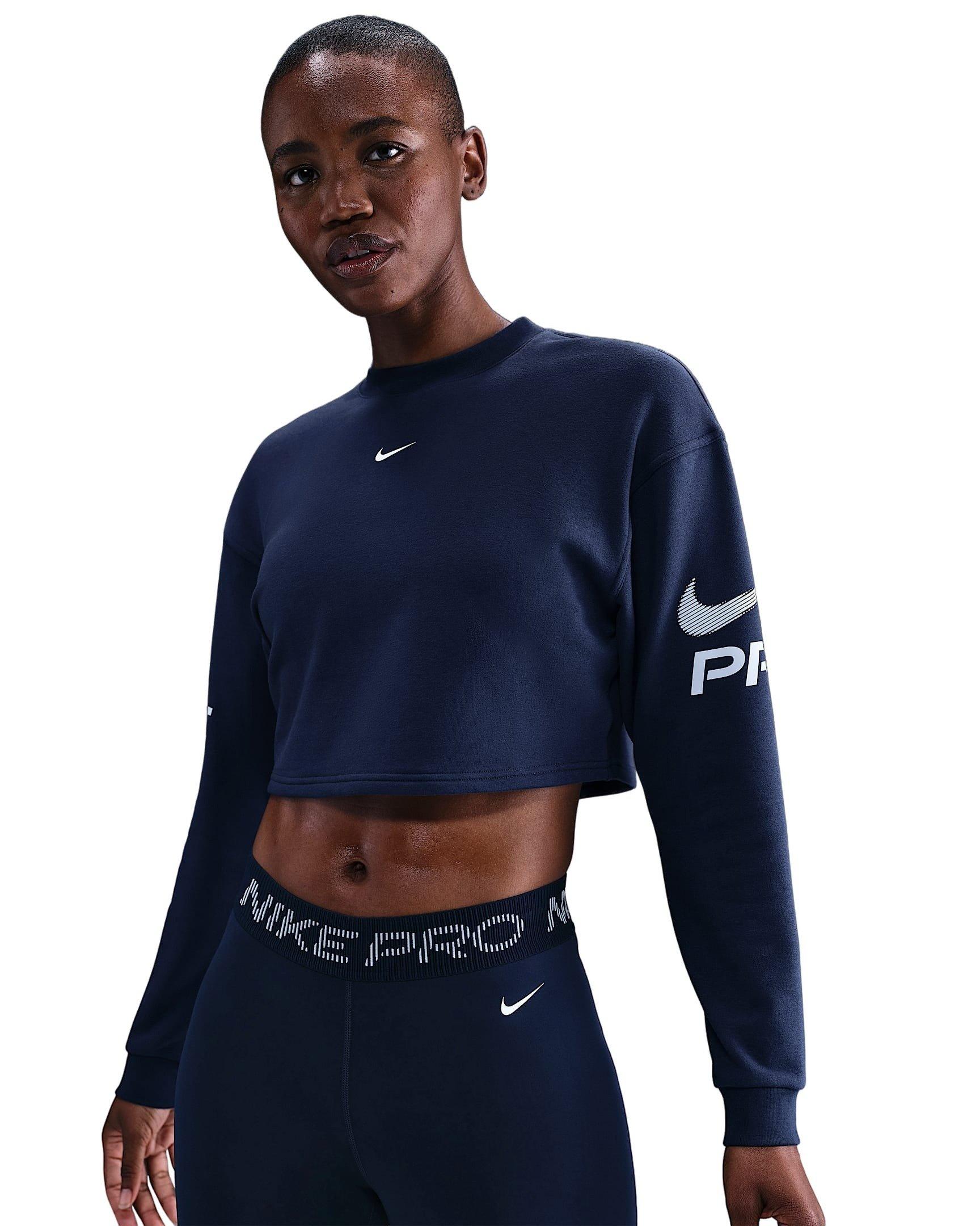 Nike Women's Pro Dri-FIT Loose Crew-Neck French Terry Sweatshirt - Navy - NAVY Thumbnail View 1