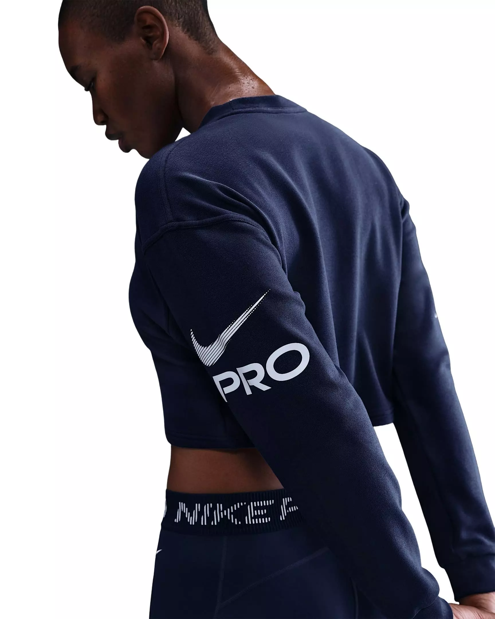 Nike Women's Pro Dri-FIT Loose Crew-Neck French Terry Sweatshirt - Navy - NAVY