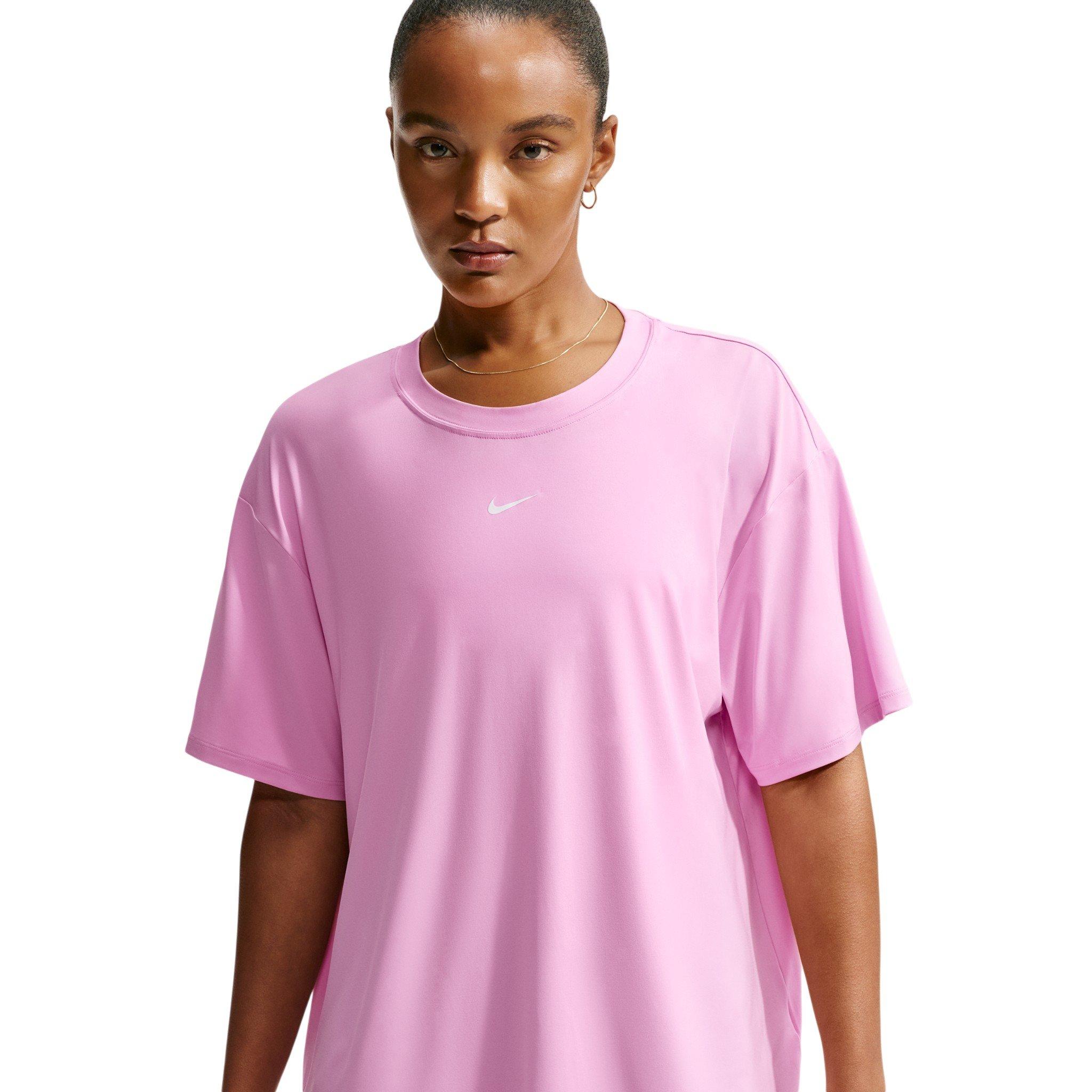 Nike Women's One Dri-FIT Short Sleeve Open Back Top - Pink/White - PINK/WHITE Thumbnail View 1
