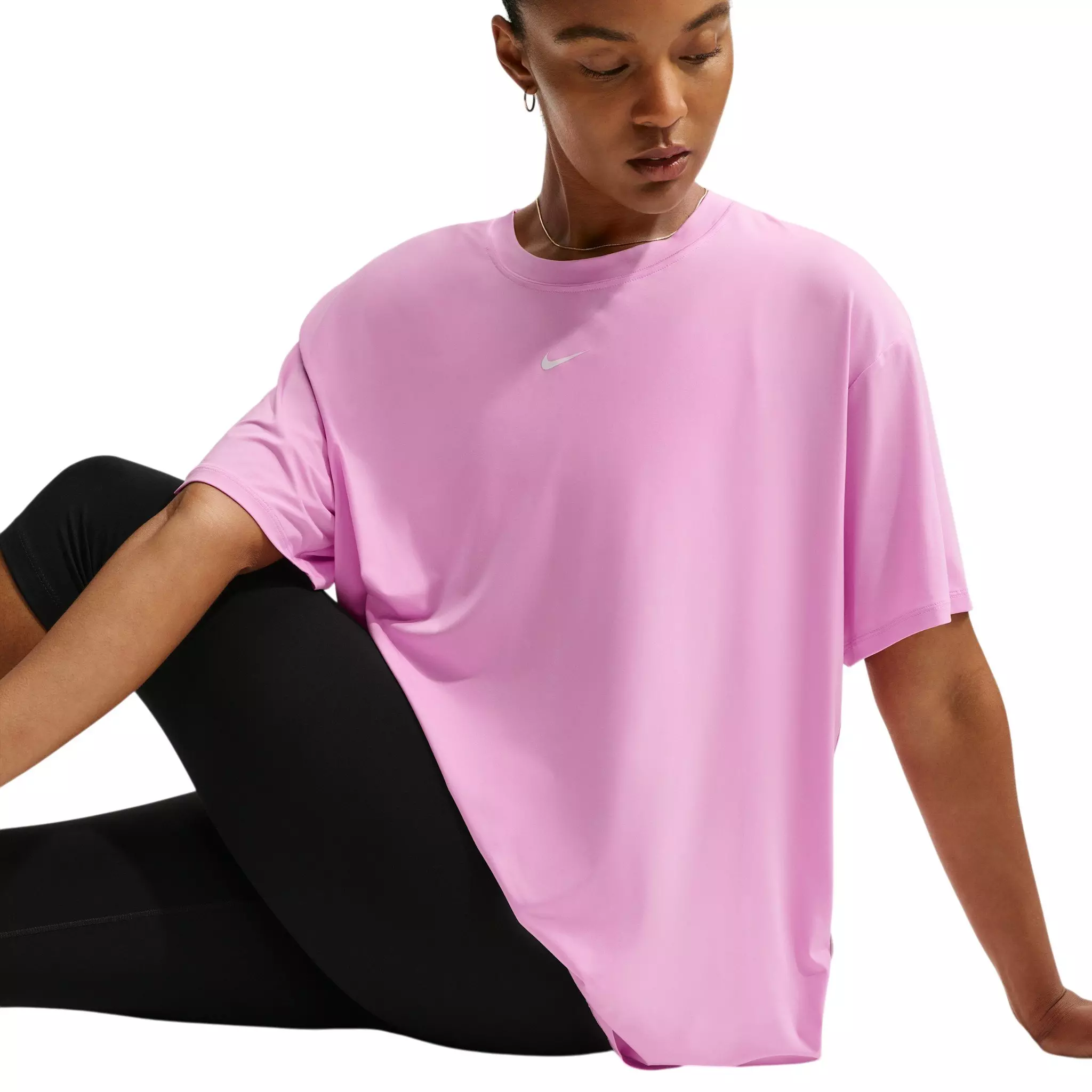 Nike Women's One Dri-FIT Short Sleeve Open Back Top - Pink/White - PINK/WHITE