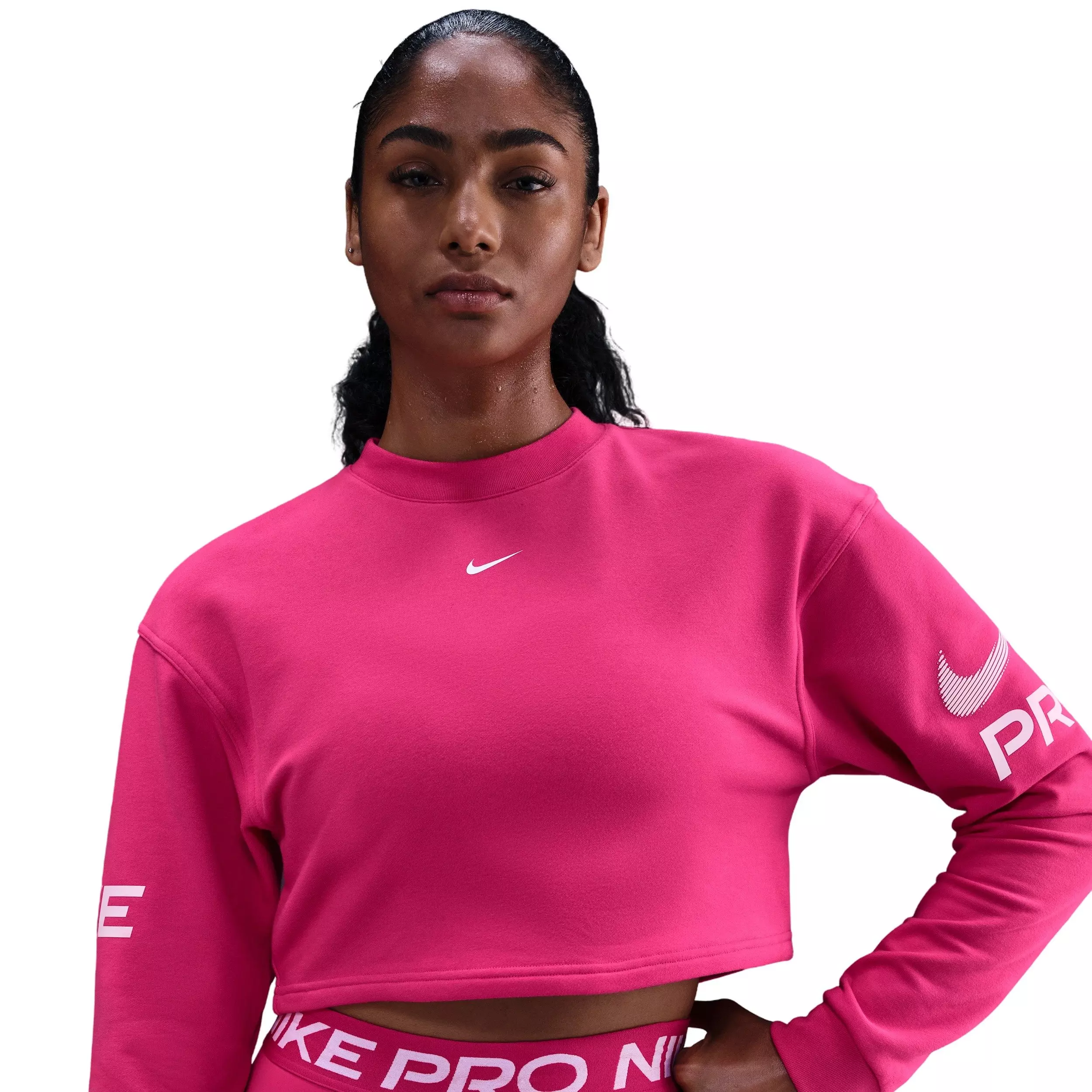 Nike Women's Pro Dri-FIT Loose Crew-Neck French Terry Sweatshirt - Pink - PINK