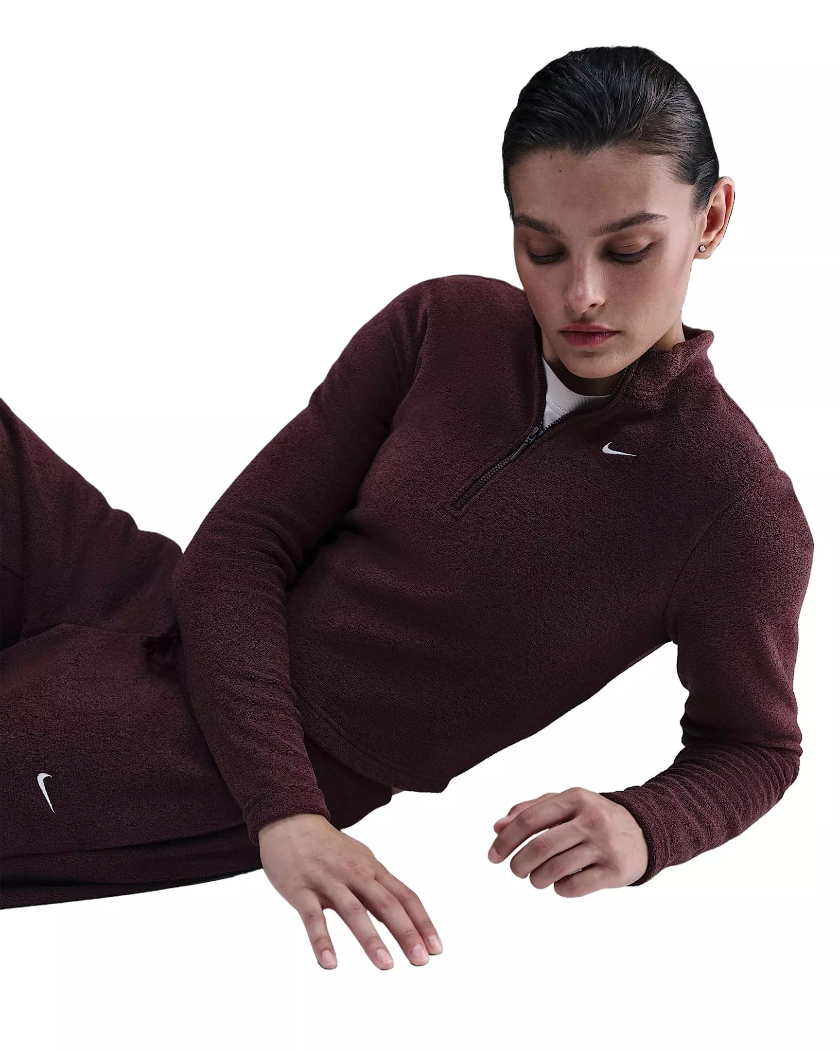 Nike Women's Sportswear Phoenix Plush Slim Long-Sleeve Cozy Fleece 1/2-Zip Top - Burgundy - BURGUNDY