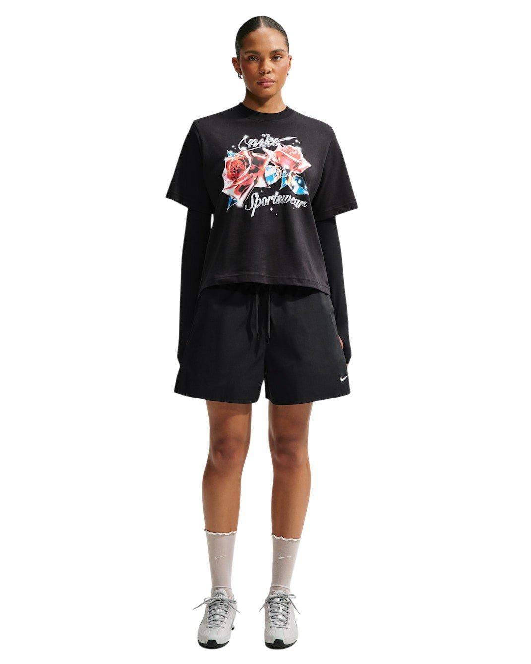 Nike Women's Sportswear Loose Mid-Rise Shorts - Black/White - BLACK/WHITE Thumbnail View 4