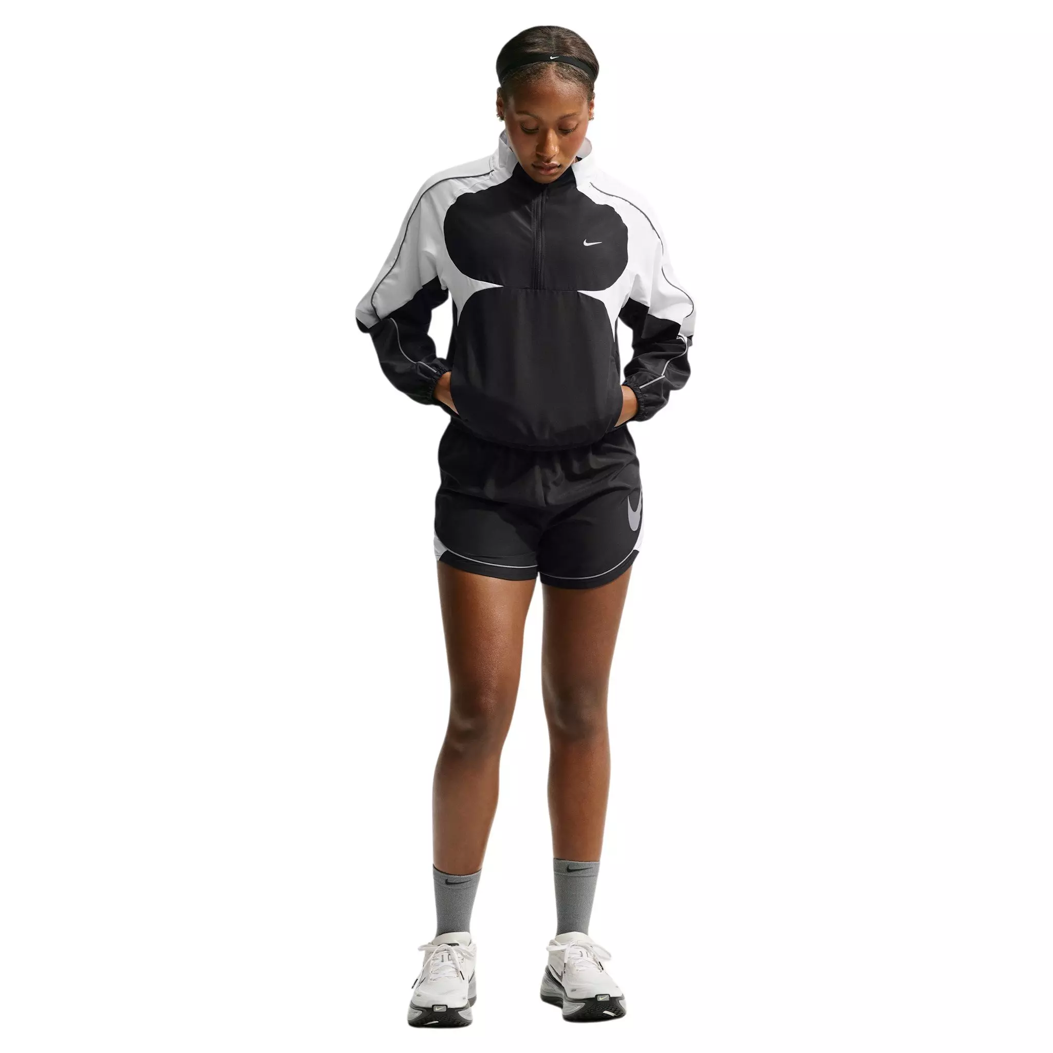 Nike Women's Swoosh Dri-FIT Mid-Rise Unlined Running Shorts - Black/White/Grey - BLACK/WHITE/GREY