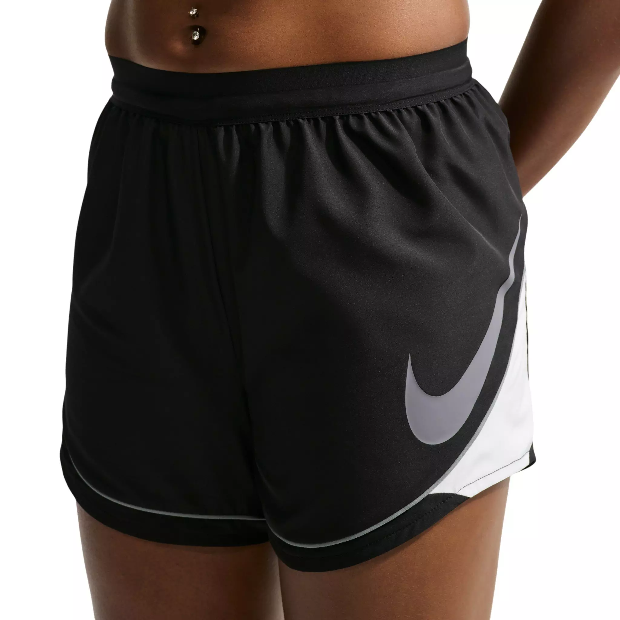 Nike Women's Swoosh Dri-FIT Mid-Rise Unlined Running Shorts - Black/White/Grey - BLACK/WHITE/GREY