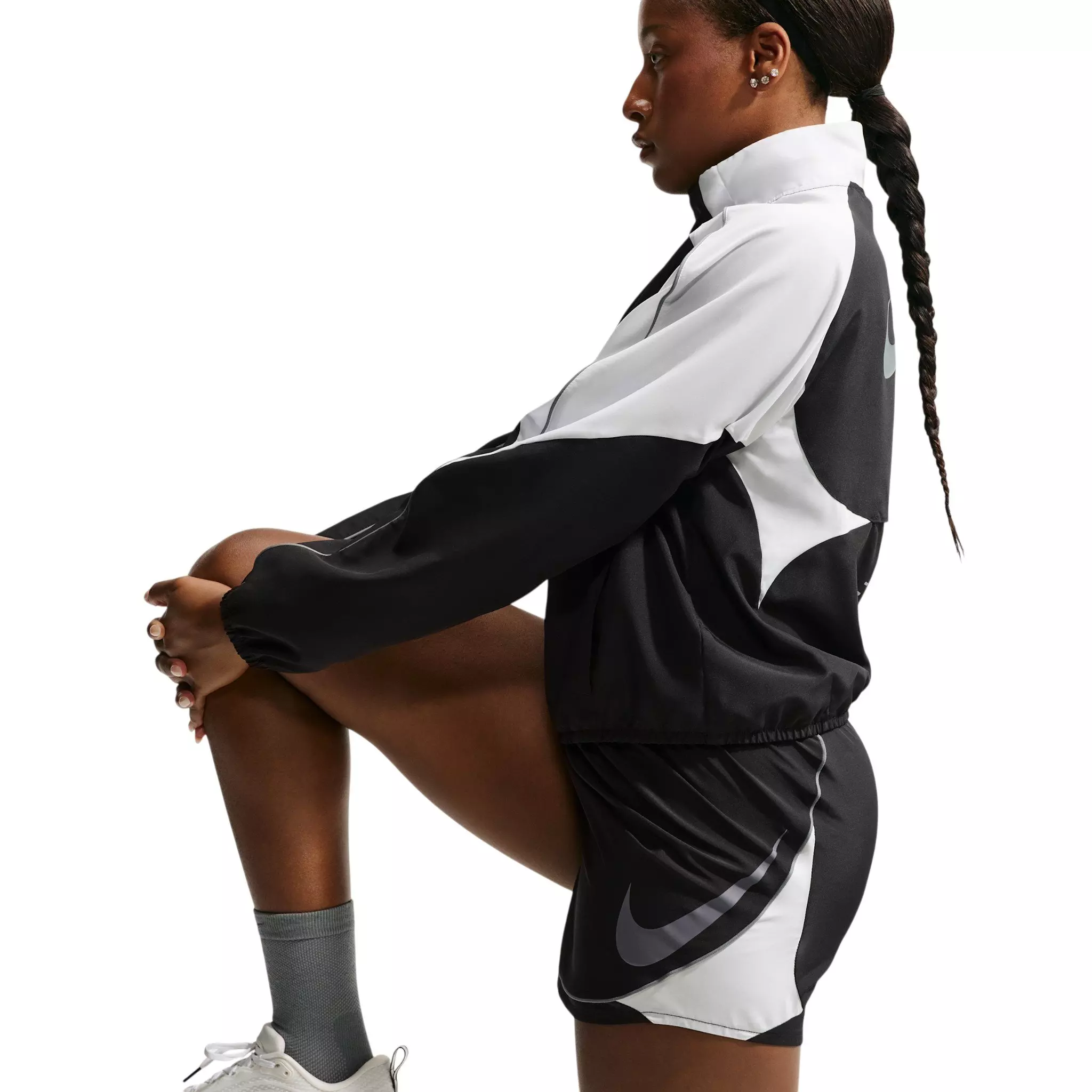 Nike Women's Swoosh Dri-FIT Mid-Rise Unlined Running Shorts - Black/White/Grey - BLACK/WHITE/GREY