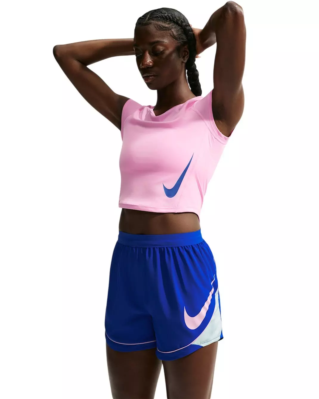 Nike Women's Swoosh Dri-FIT Mid-Rise Unlined Running Shorts - Blue/Grey/Pink - BLUE/GREY/PINK
