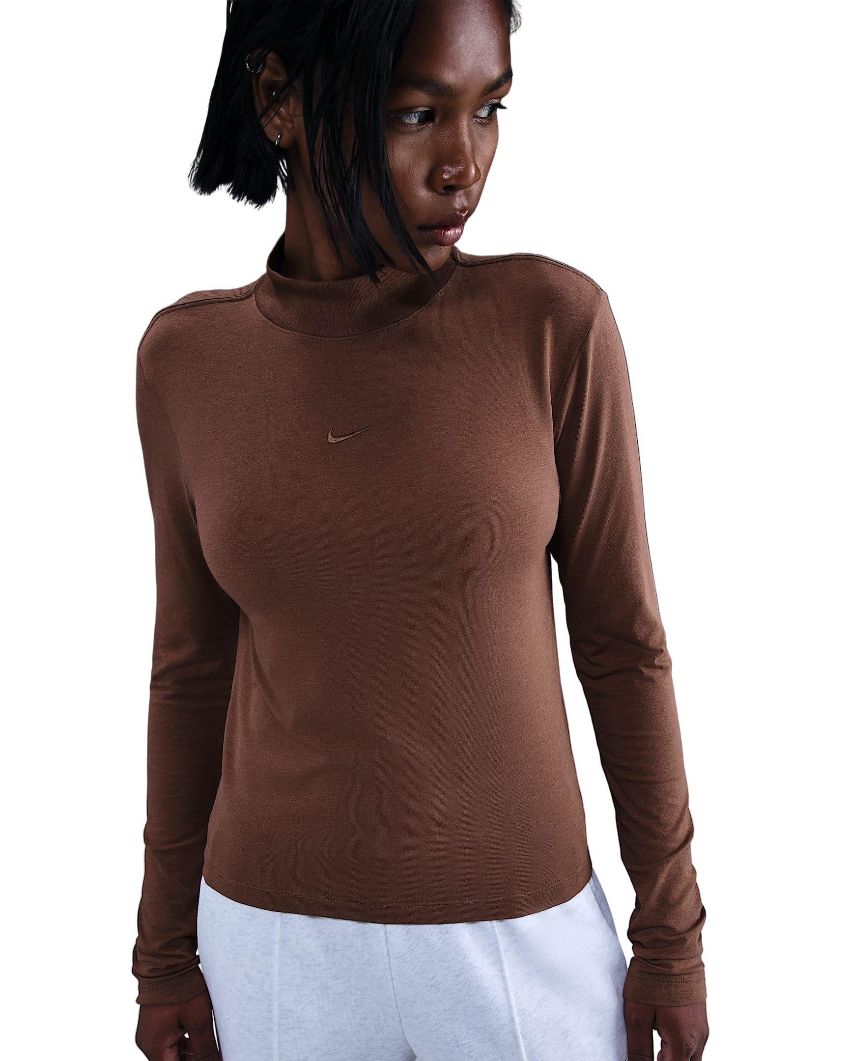 Nike Women's Sportswear Chill Knit Slim Long-Sleeve Mock-Neck T-Shirt - Brown - BROWN Thumbnail View 1