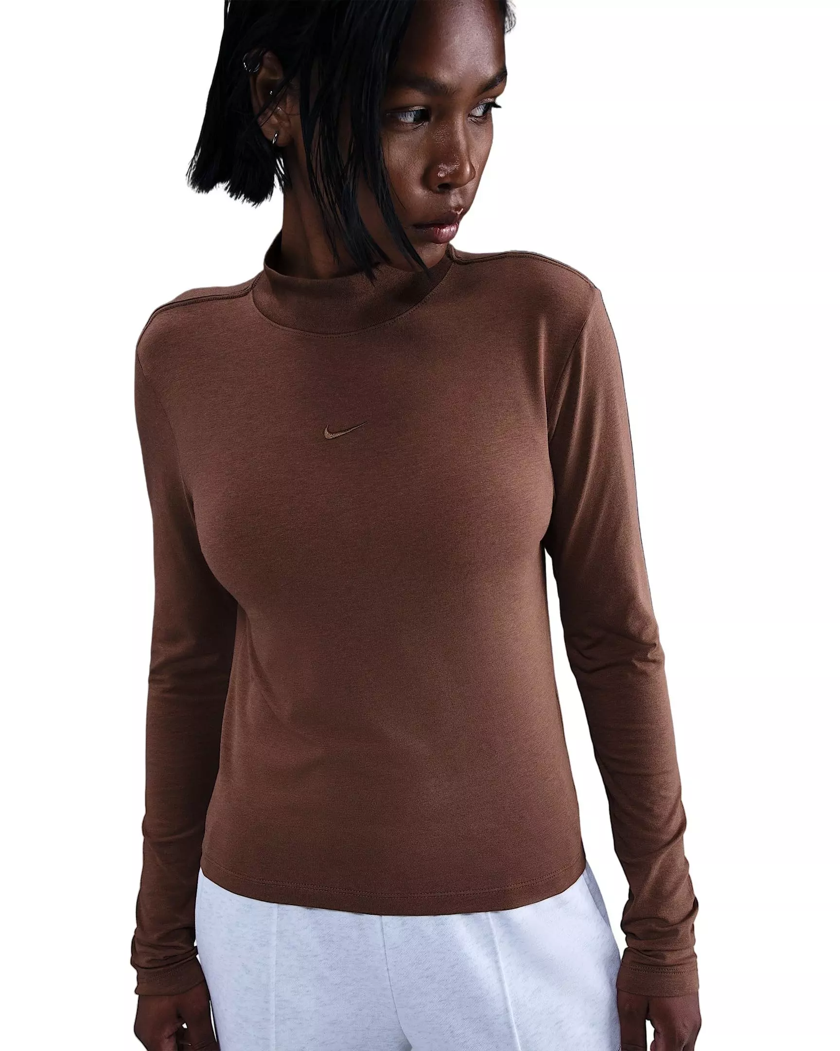 Nike Women's Sportswear Chill Knit Slim Long-Sleeve Mock-Neck T-Shirt - Brown - BROWN