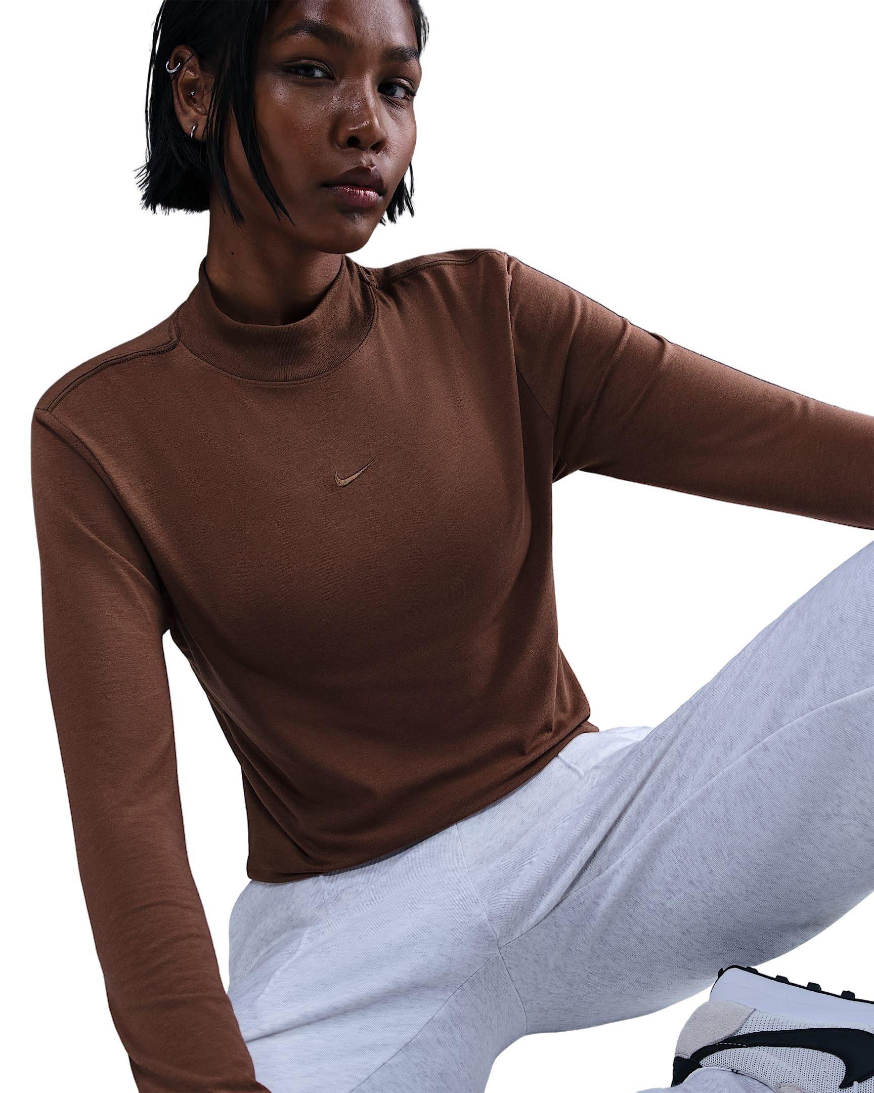Nike Women's Sportswear Chill Knit Slim Long-Sleeve Mock-Neck T-Shirt - Brown - BROWN Thumbnail View 3