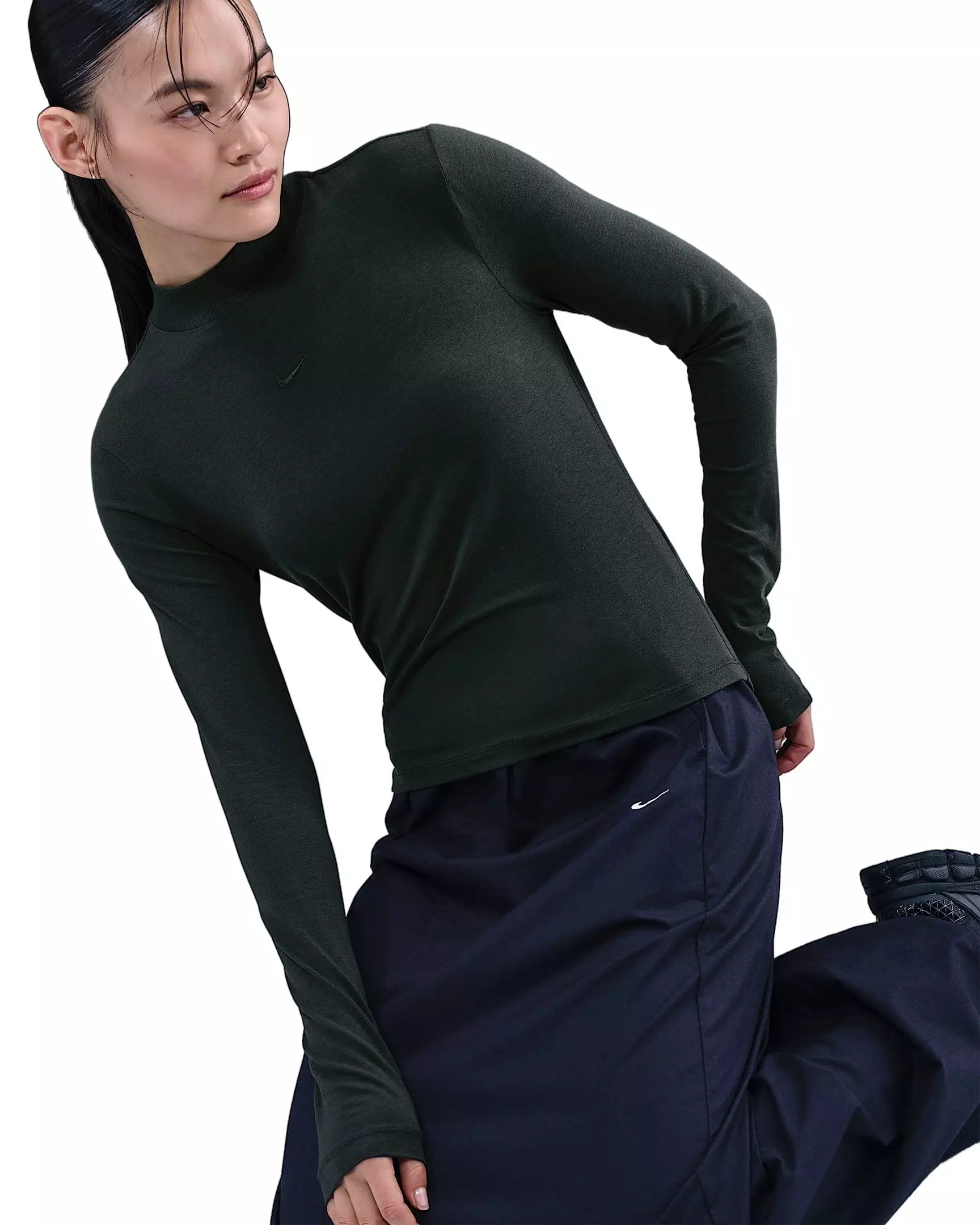 Nike Women's Sportswear Chill Knit Slim Long-Sleeve Mock-Neck T-Shirt -Seaweed Green - SEAWEED GREEN