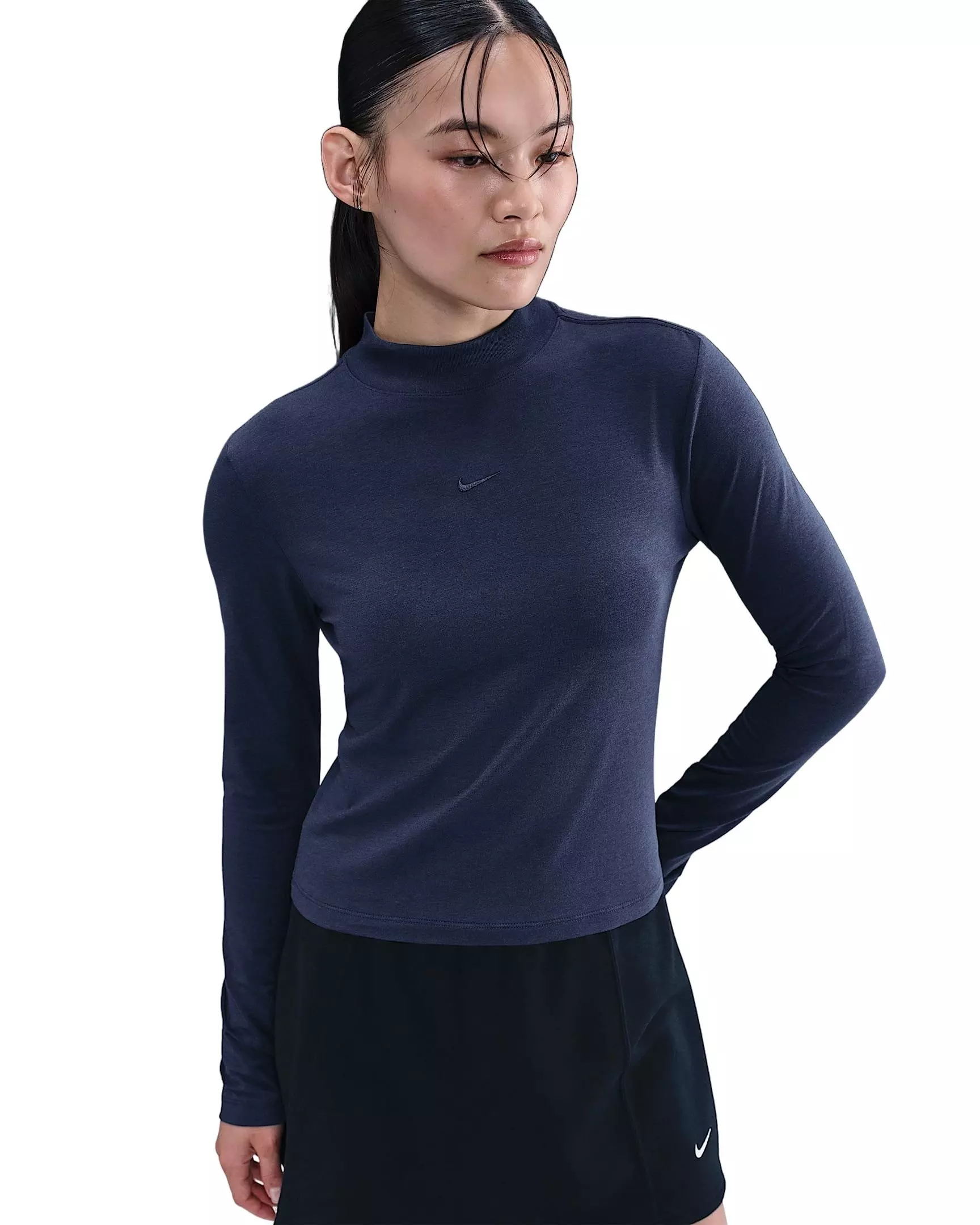 Nike Women's Sportswear Chill Knit Slim Long-Sleeve Mock-Neck T-Shirt - Navy - NAVY