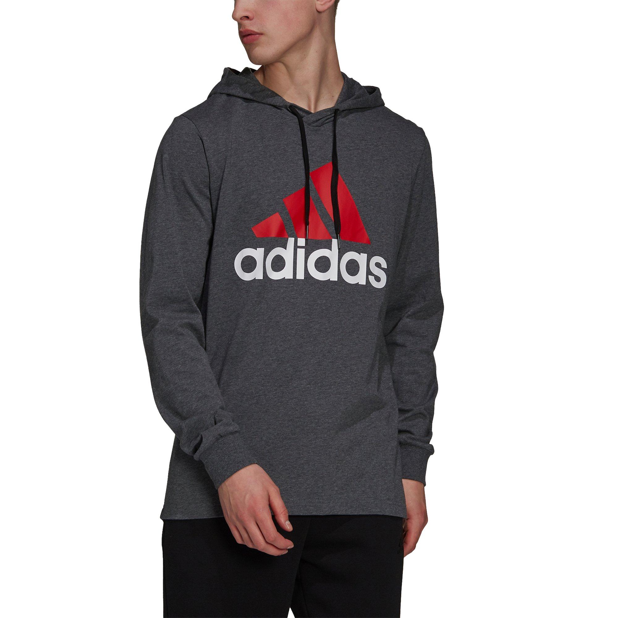 adidas Men's Essentials Logo Dark Grey/Red Hoodie - GREY/RED Thumbnail View 1