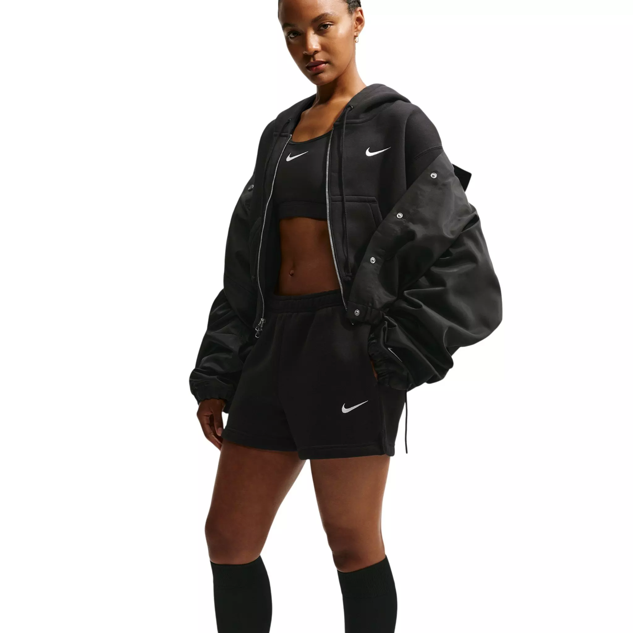 Nike Women's Studio Fleece Medium Weight Mid-Rise Shorts - Black/Off-White - BLACK/OFF-WHITE