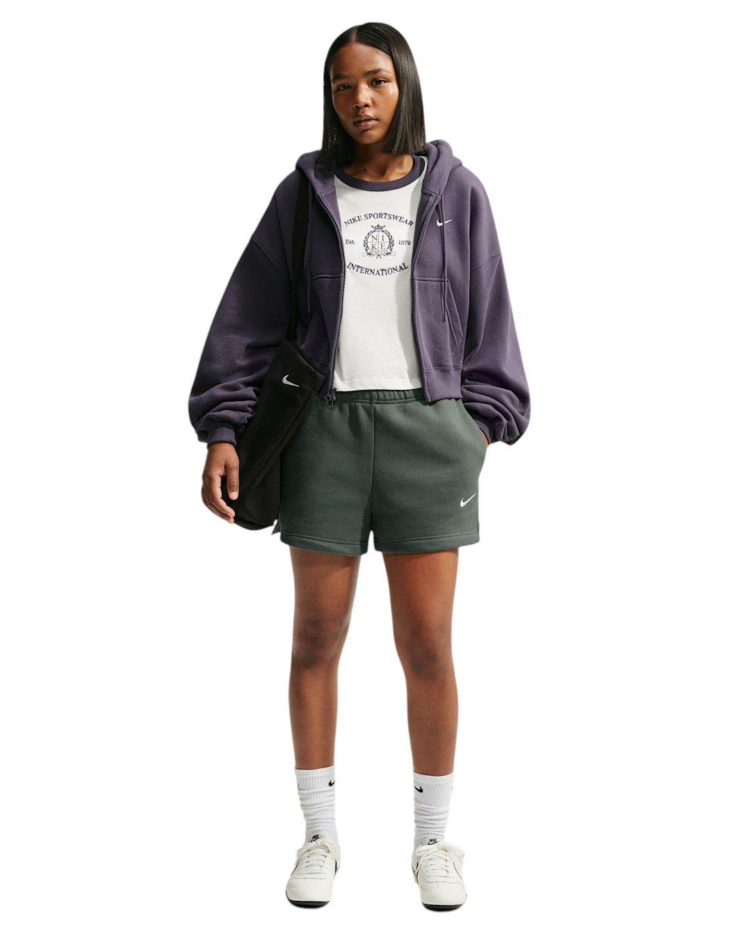 Nike Women's Studio Fleece Medium Weight Mid-Rise Shorts - Camo Green - CAMO GREEN