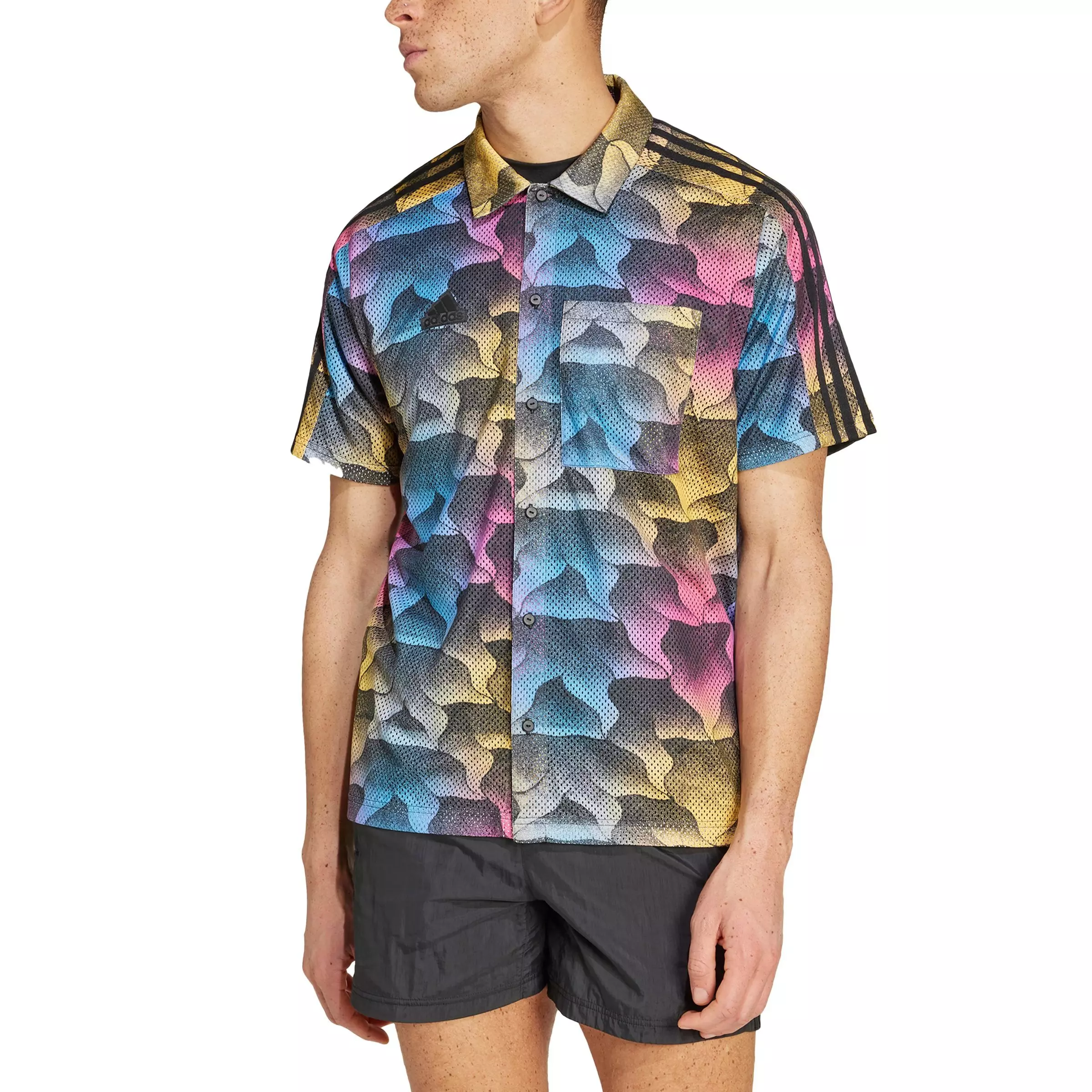 adidas Men's Tiro Allover Print Mesh Resort Shirt - Black/Multi - BLACK/MULTI