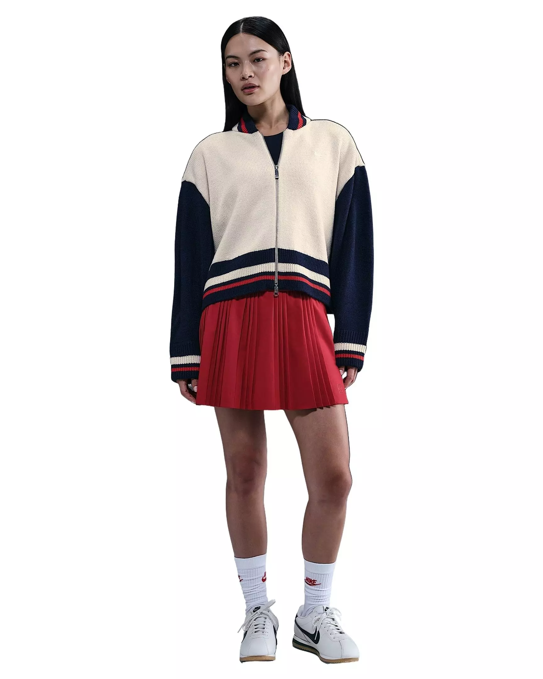 Nike Women's Sportswear Street Cardigan -Lt Brown/Navy/Red - LT BROWN/NAVY/RED