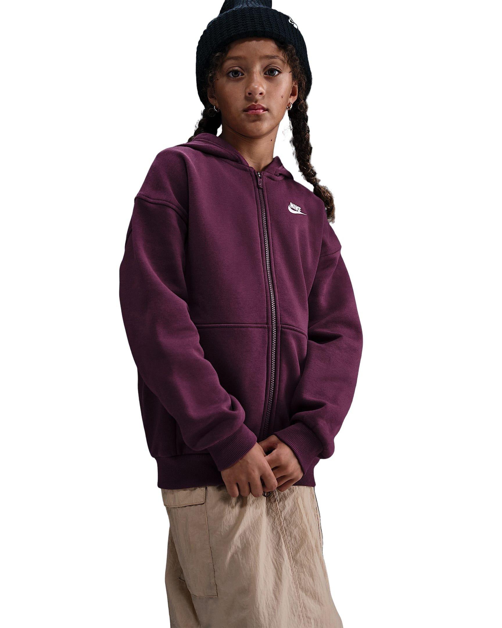 Nike Sportswear Club Fleece Oversized Full-Zip Big Girls' Red Hooded Jacket