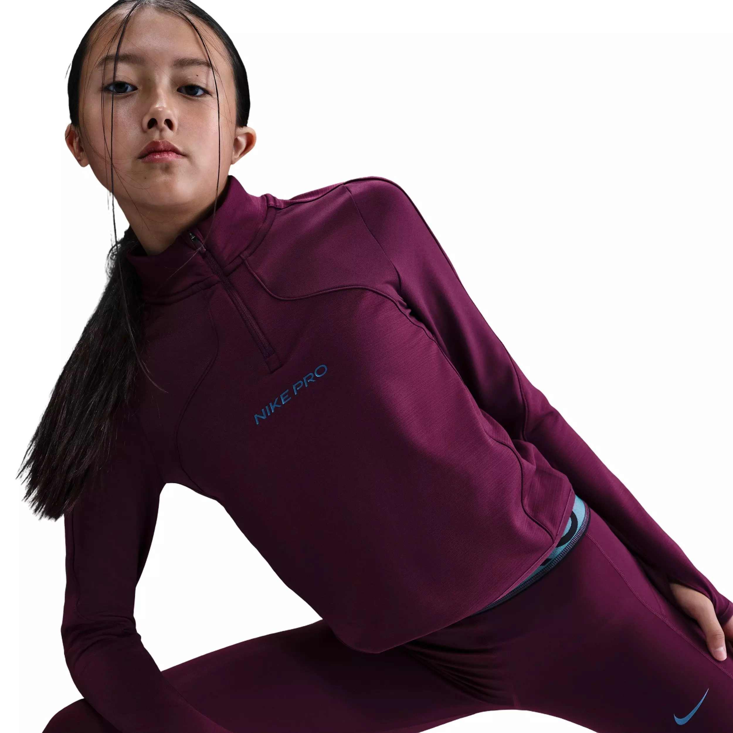 Nike Big Girls' Pro Therma-FIT 1/2-Zip Long-Sleeve Top -Burgundy - BURGUNDY