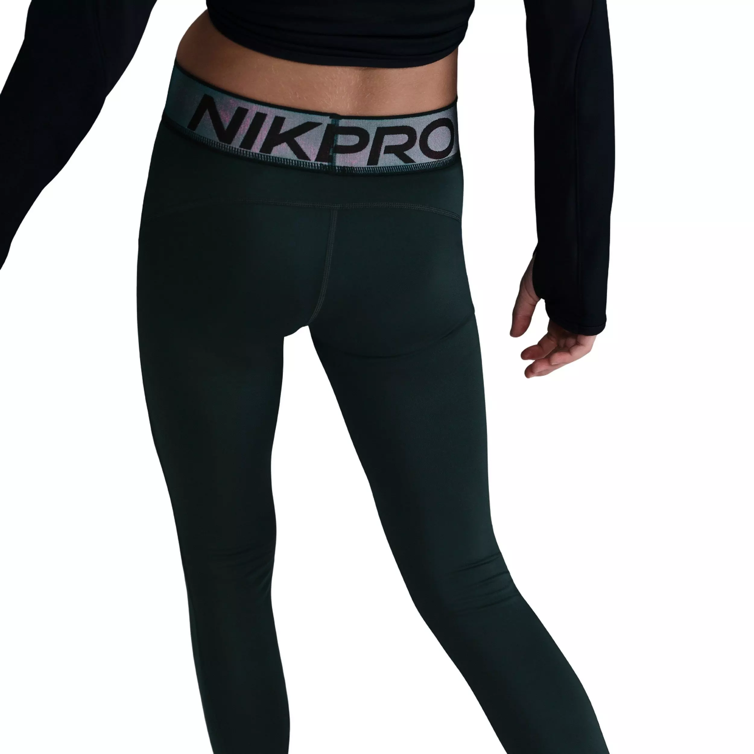 Nike Big Girls' Pro Dri-FIT Leggings with Shine Accents -Seaweed Green - SEAWEED GREEN