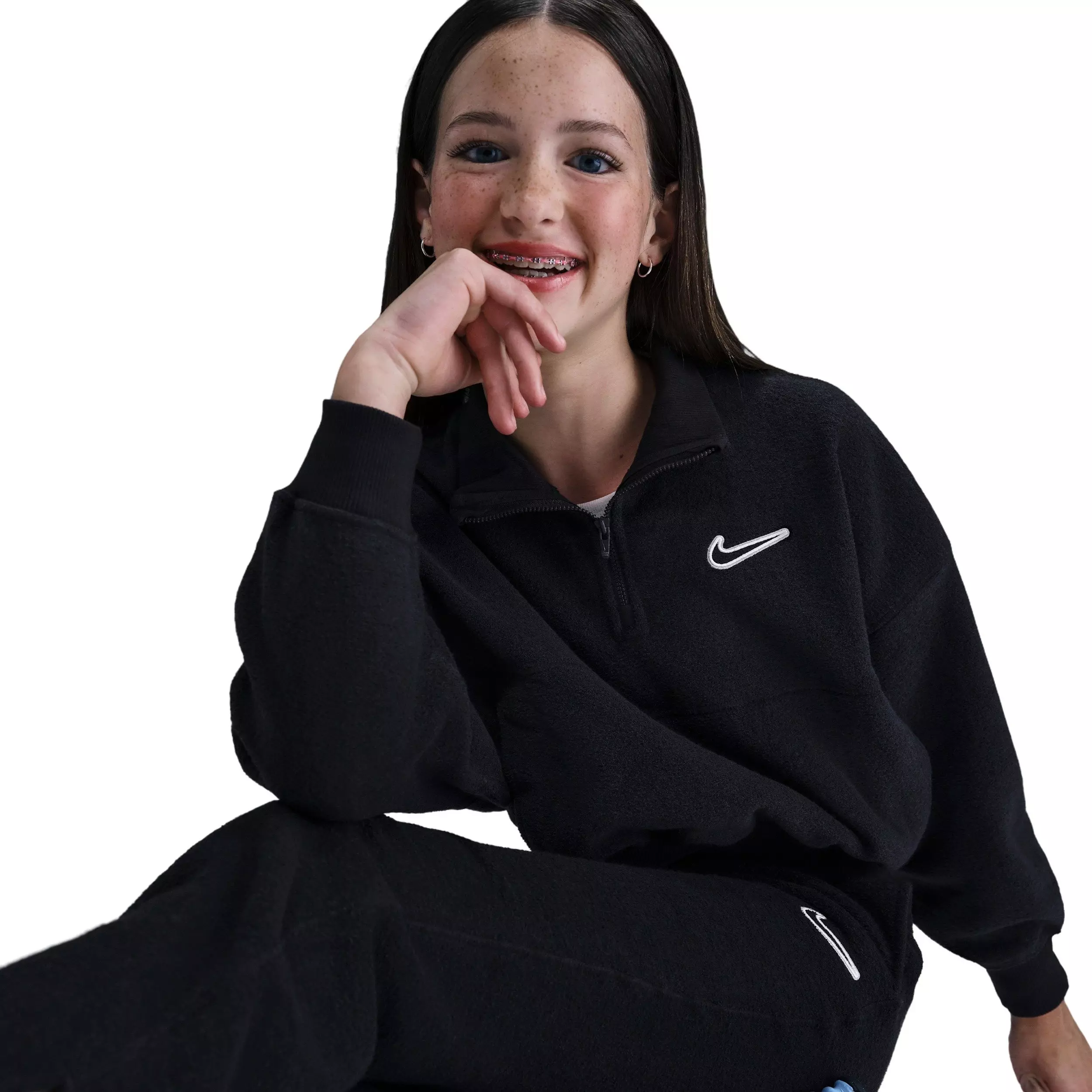 Nike Big Girls' Sportswear Long-Sleeve Fleece Cozy Top 2 - Black - BLACK