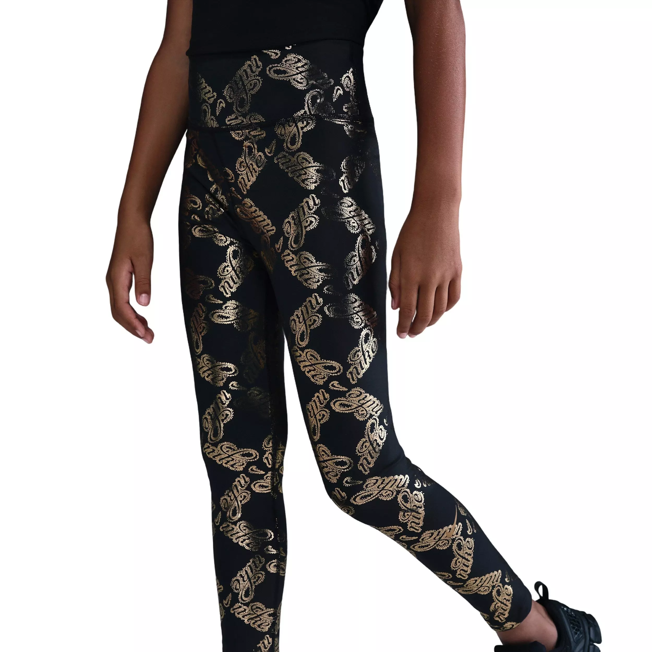 Nike Big Girls' One Dri-FIT Printed Leggings - Black/Gold - BLACK/GOLD