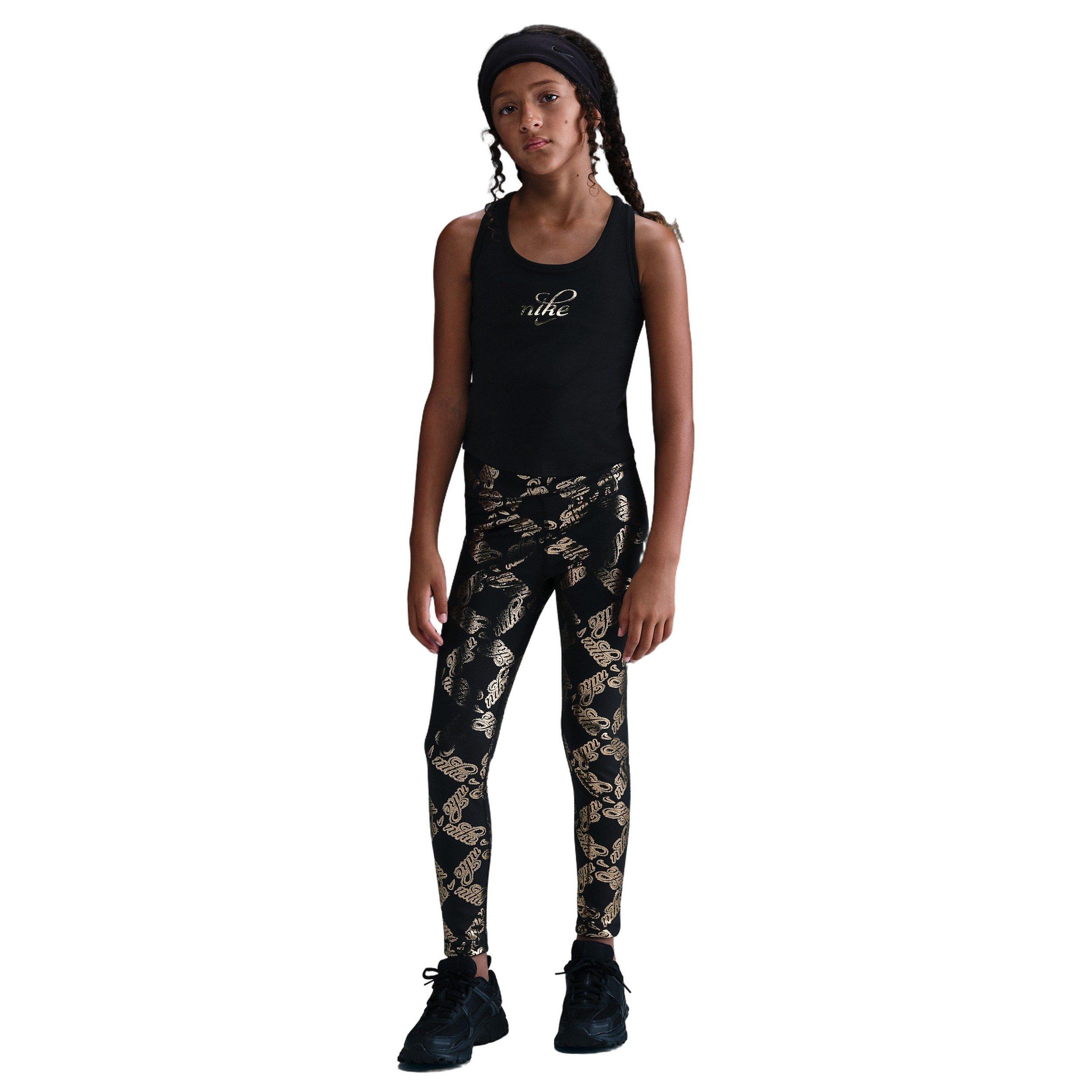 Nike Big Girls' One Dri-FIT Printed Leggings - Black/Gold - BLACK/GOLD Thumbnail View 3