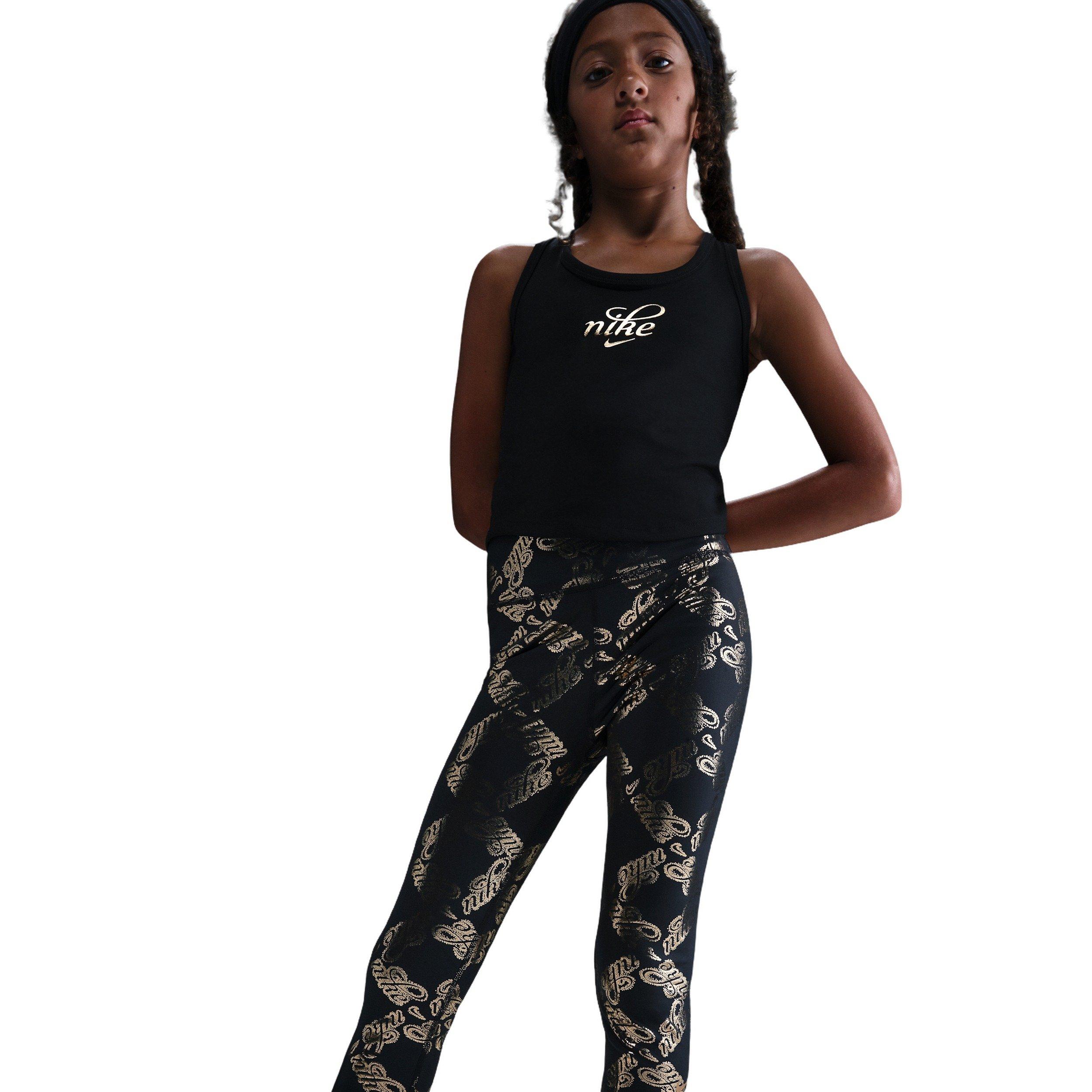 Nike Big Girls' One Dri-FIT Printed Leggings - Black/Gold - BLACK/GOLD Thumbnail View 5