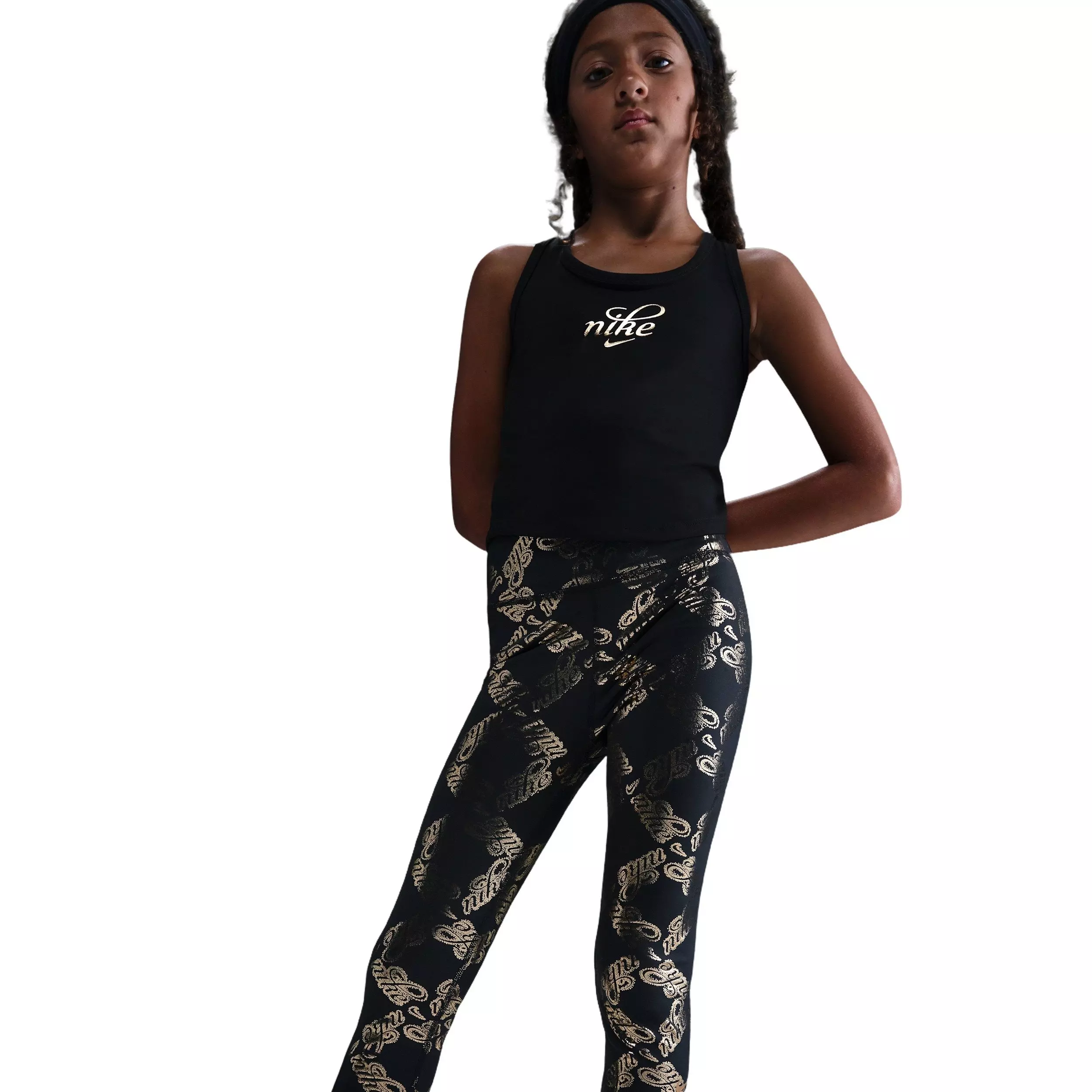 Nike Big Girls' One Dri-FIT Printed Leggings - Black/Gold - BLACK/GOLD