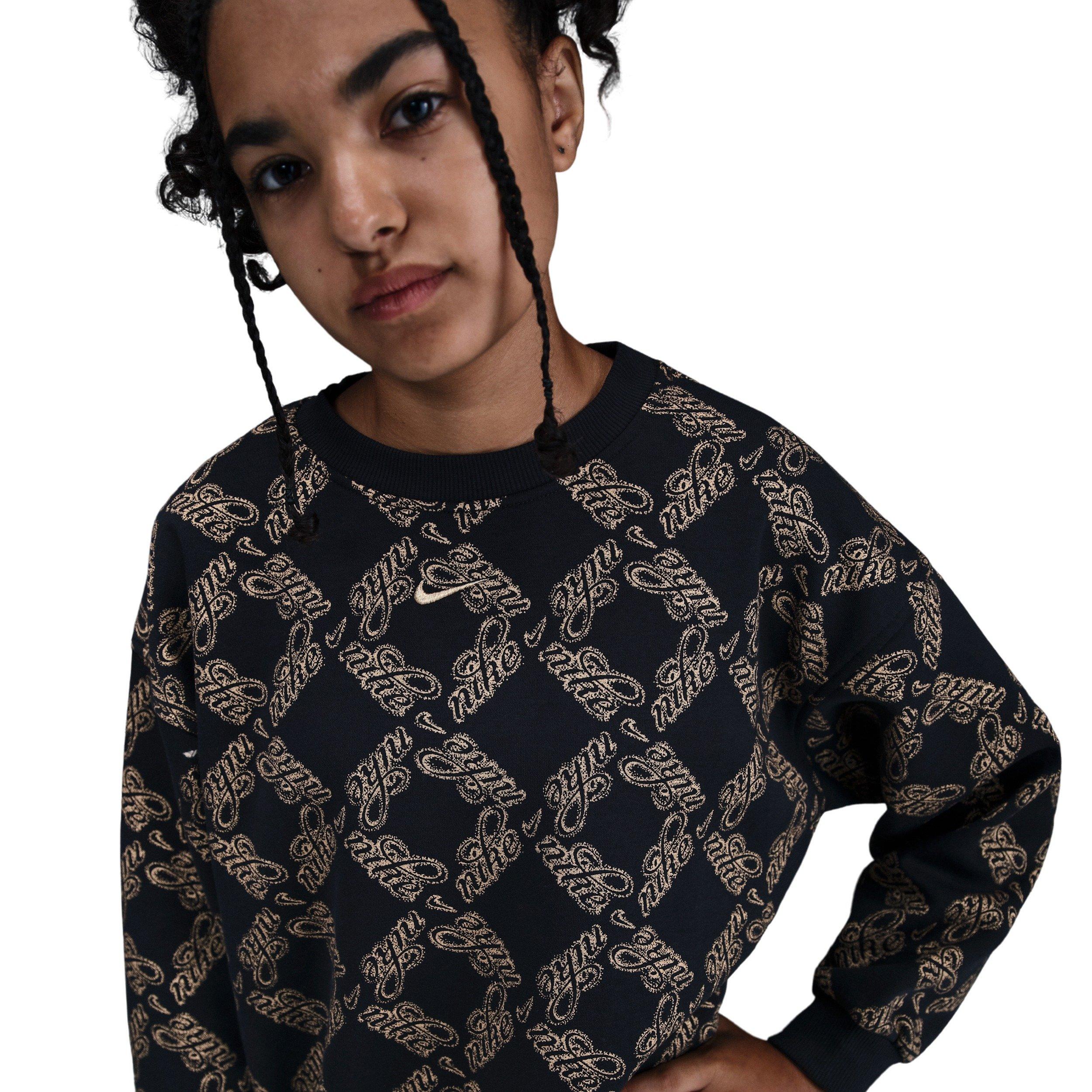 Nike Big Girls' Sportswear Club Fleece Oversized Printed Crewneck Sweatshirt - Black/Gold - BLACK/GOLD Thumbnail View 1