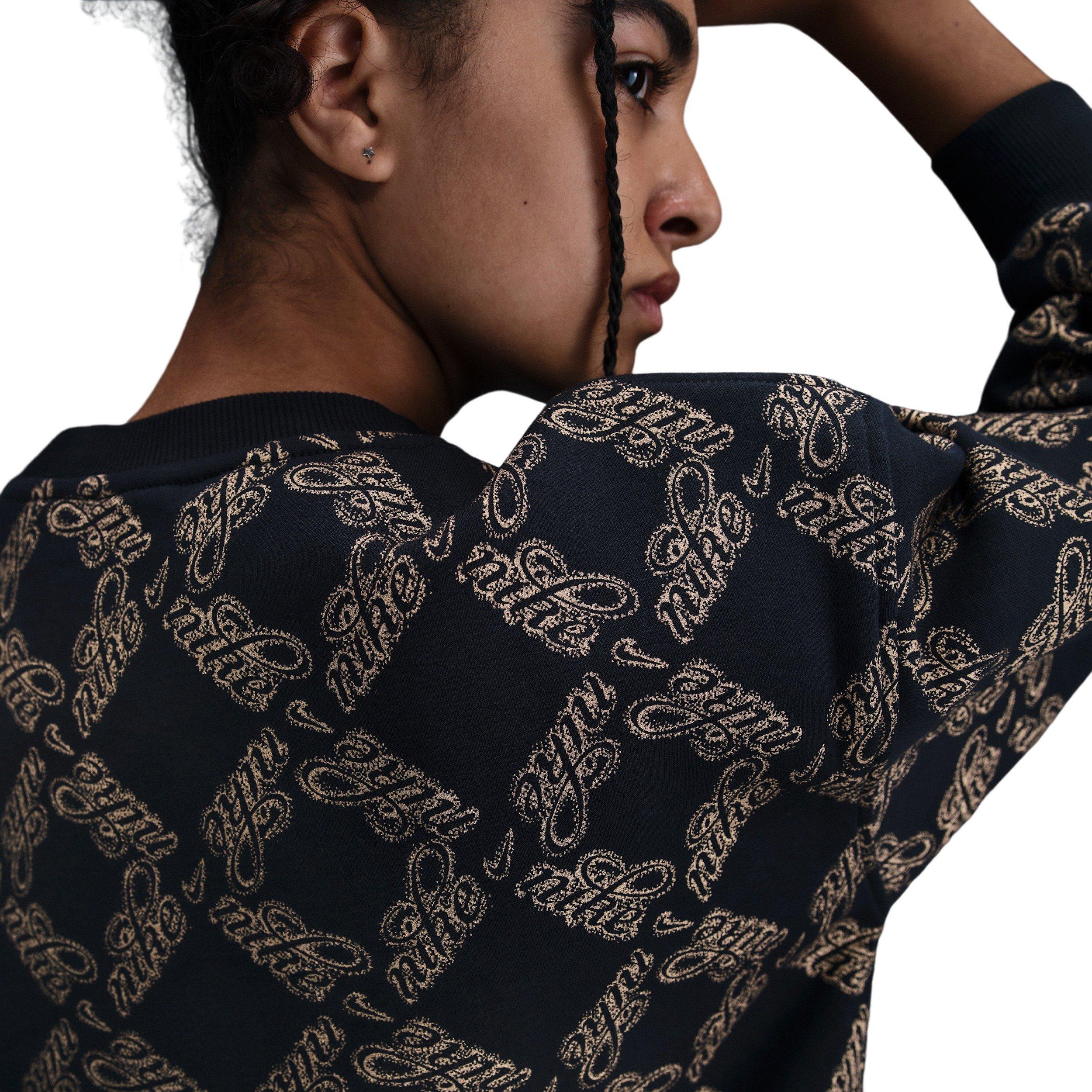 Nike Sportswear Club Fleece Oversized Big Girls' Black/Gold Printed Crewneck Sweatshirt