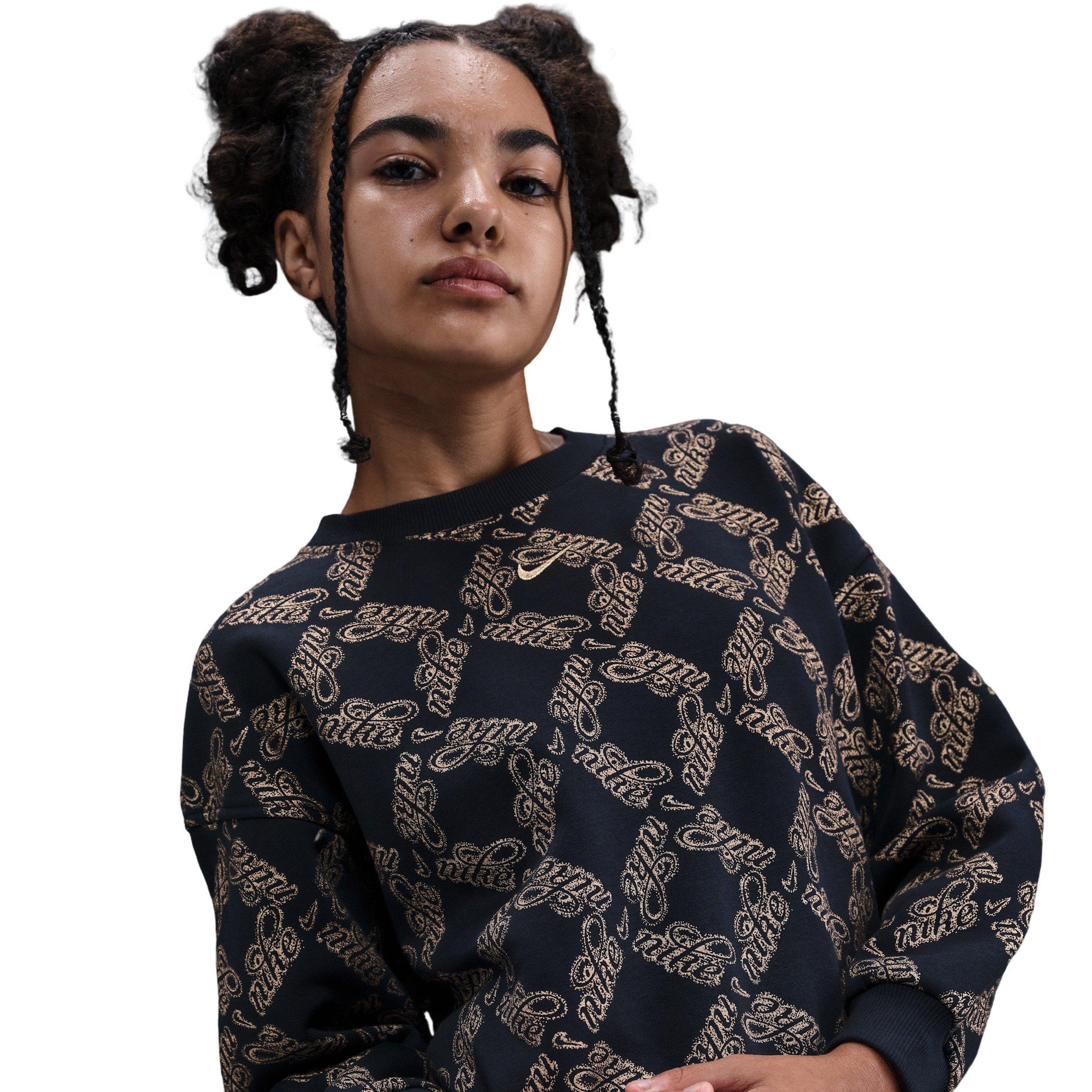 Nike Sportswear Club Fleece Oversized Big Girls' Black/Gold Printed Crewneck Sweatshirt