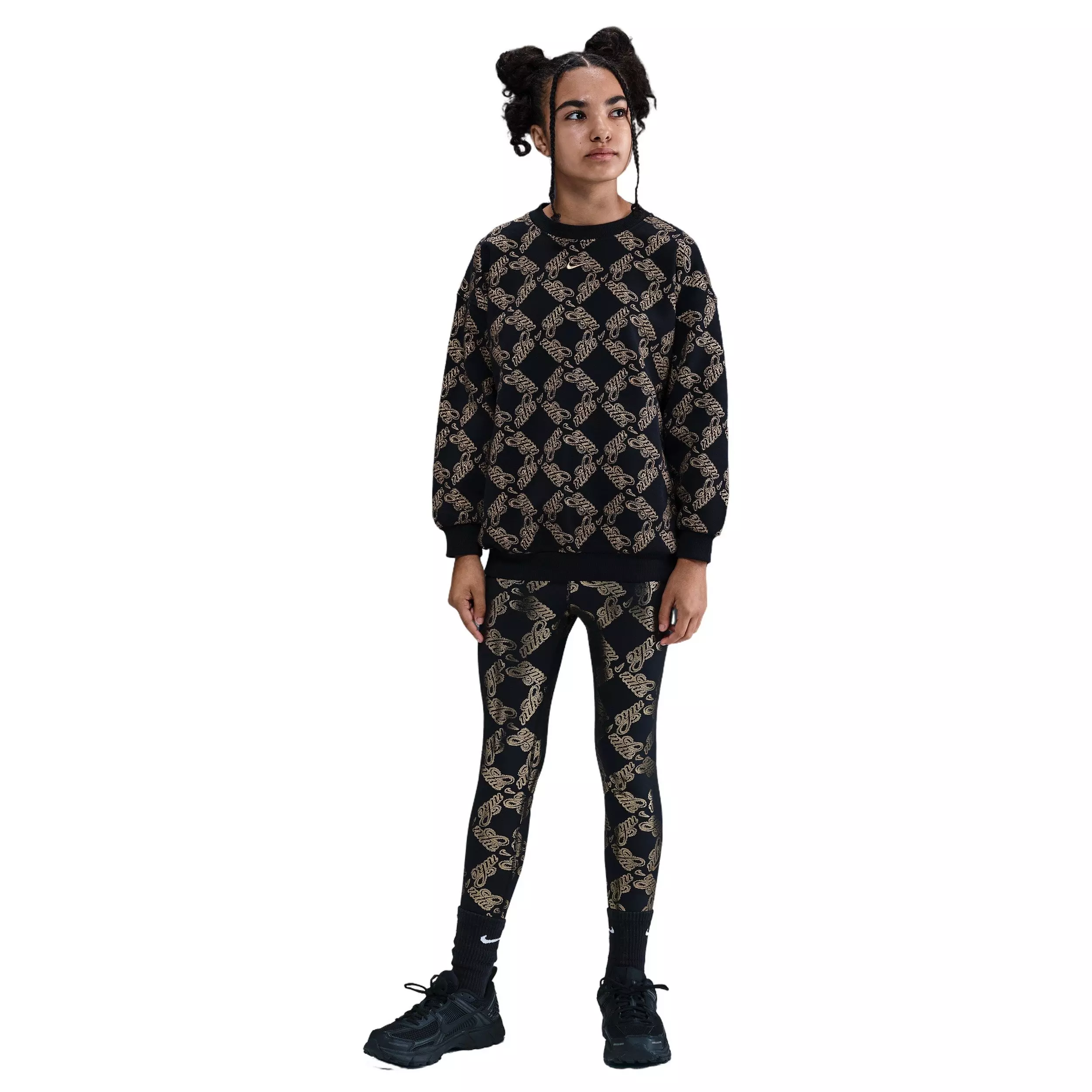 Nike Big Girls' Sportswear Club Fleece Oversized Printed Crewneck Sweatshirt -Black/Gold - BLACK/GOLD