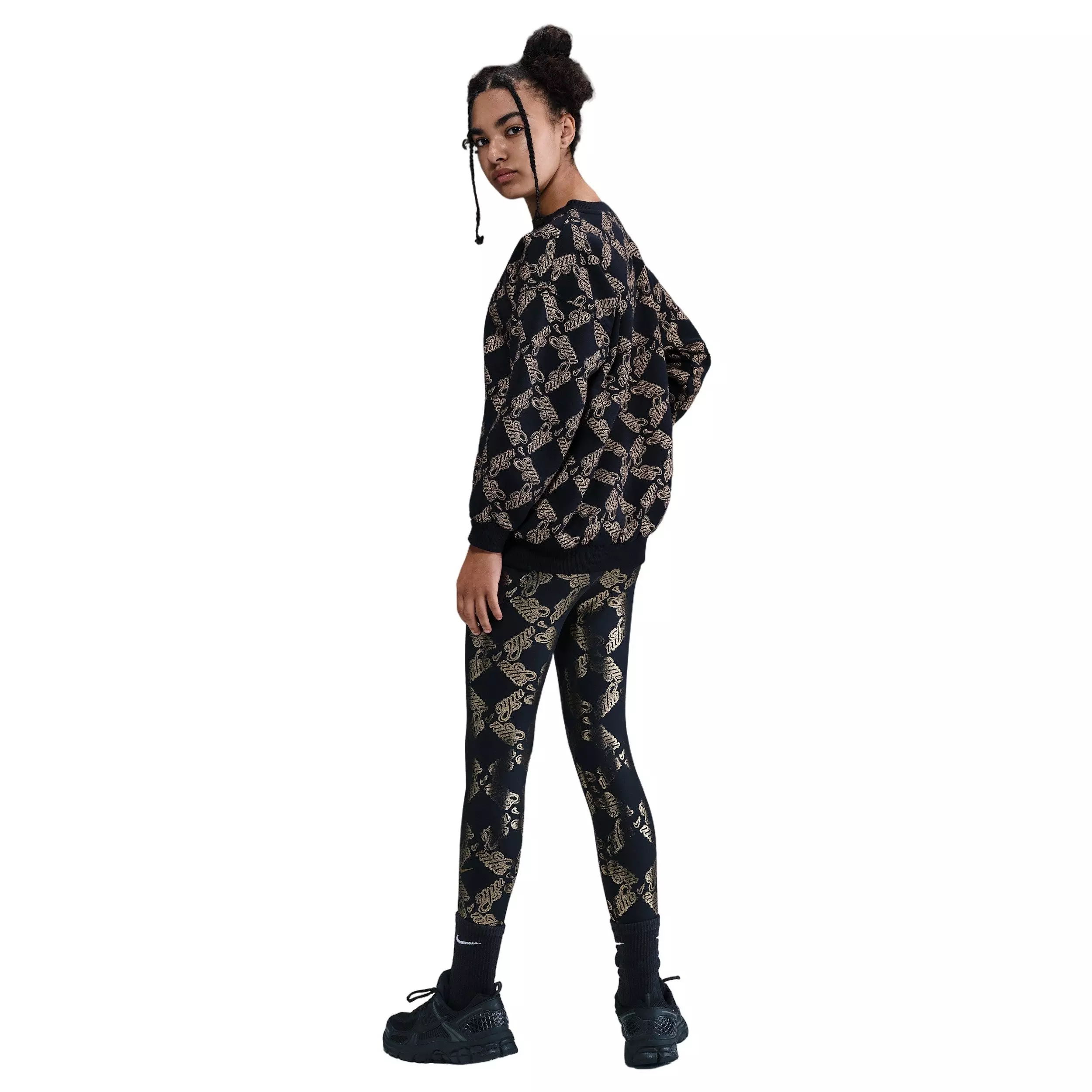 Nike Big Girls' Sportswear Club Fleece Oversized Printed Crewneck Sweatshirt -Black/Gold - BLACK/GOLD