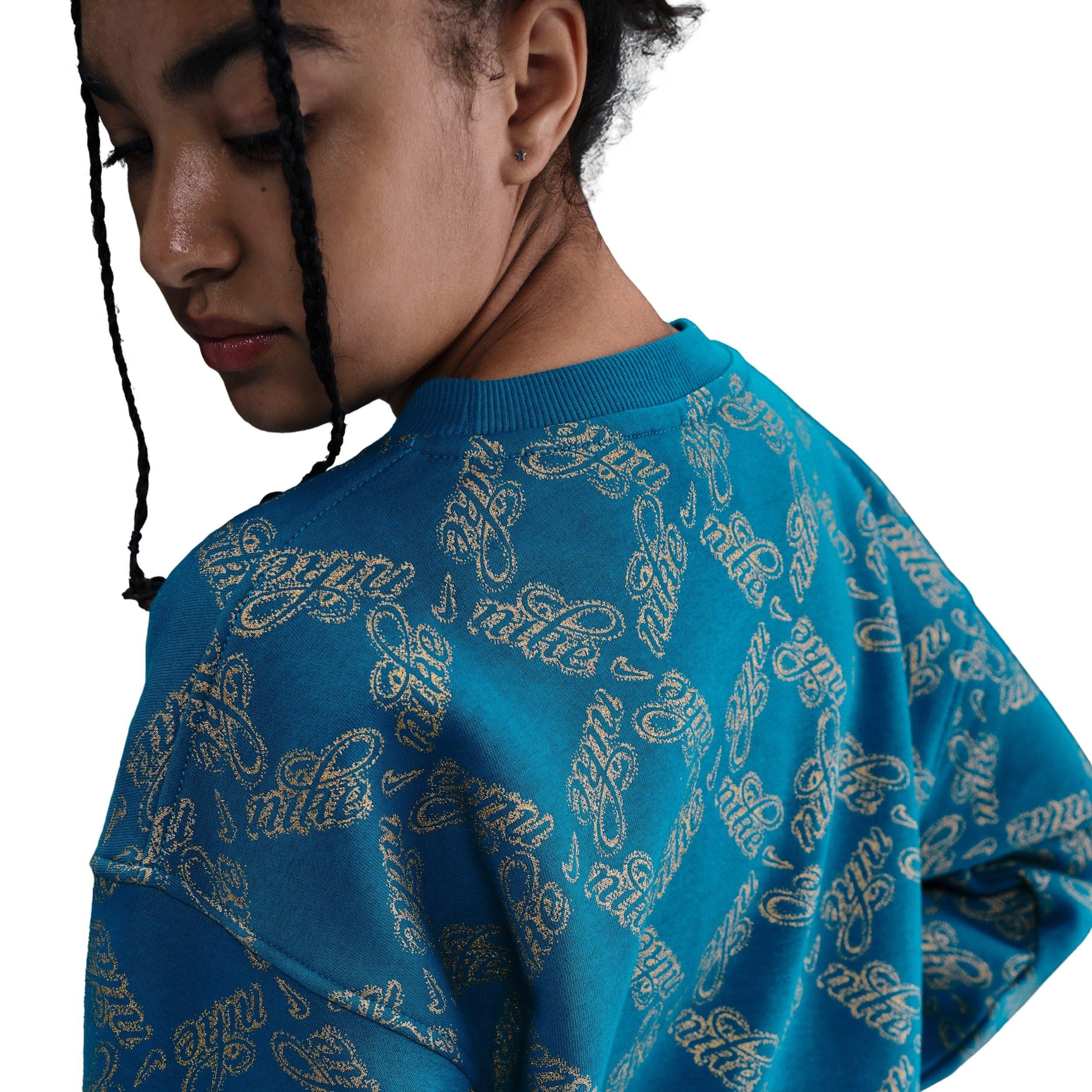 Nike Sportswear Club Fleece Oversized Big Girls' Blue/Gold Printed Crewneck Sweatshirt