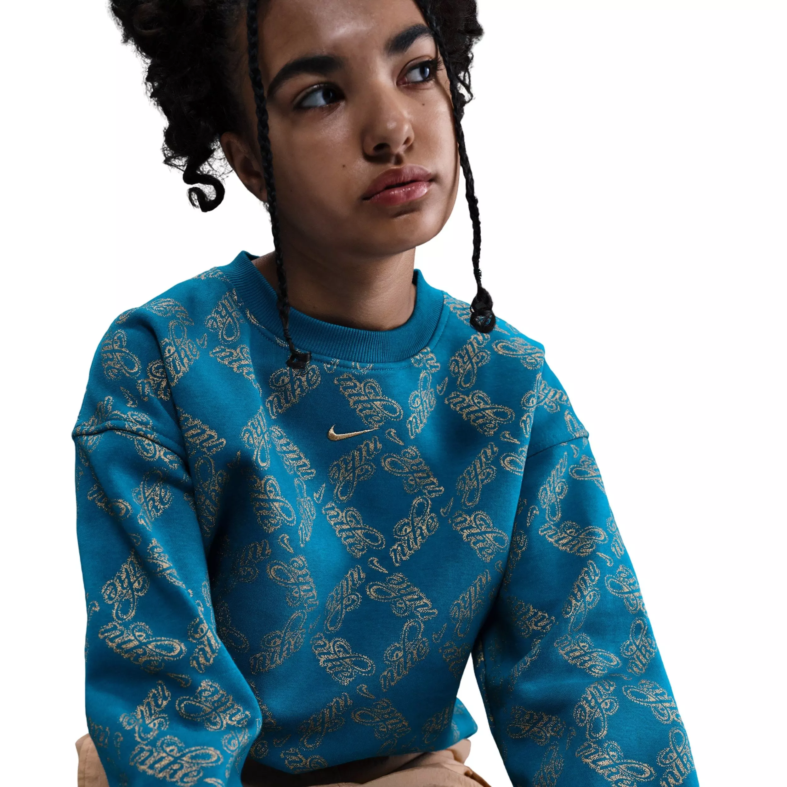 Nike Big Girls' Sportswear Club Fleece Oversized Printed Crewneck Sweatshirt - Blue/Gold - BLUE/GOLD