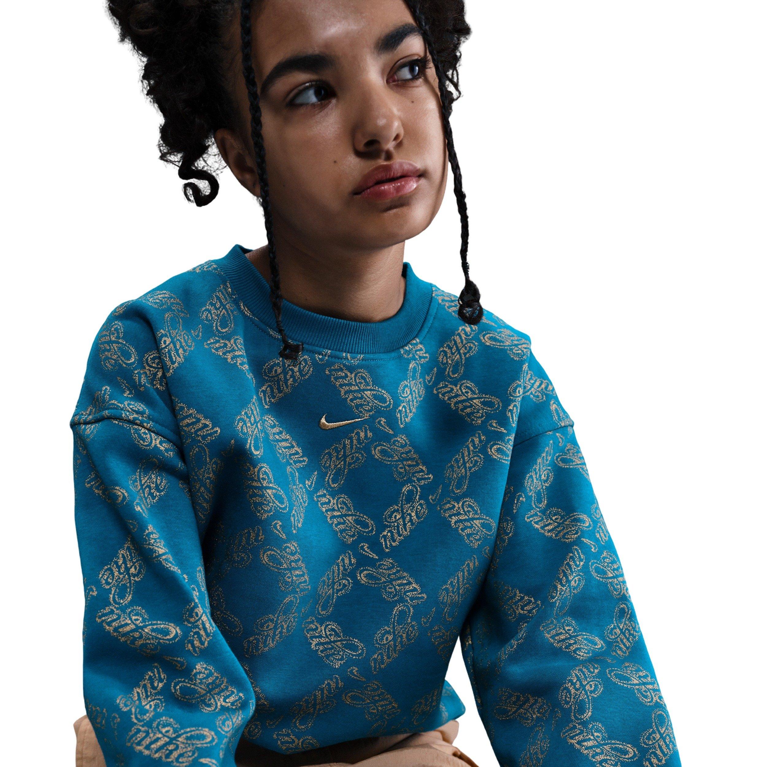 Nike Sportswear Club Fleece Oversized Big Girls' Blue/Gold Printed Crewneck Sweatshirt