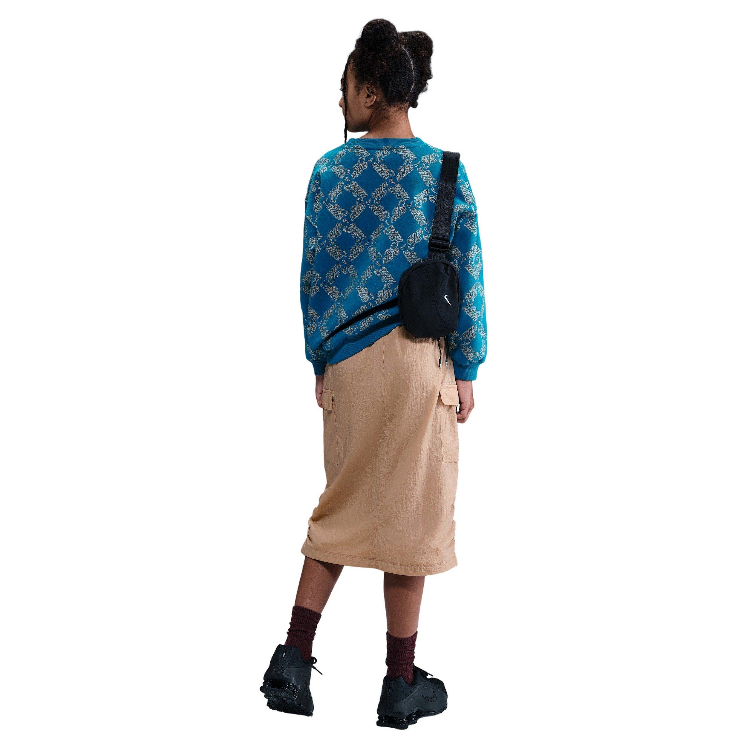 Nike Sportswear Club Fleece Oversized Big Girls' Blue/Gold Printed Crewneck Sweatshirt