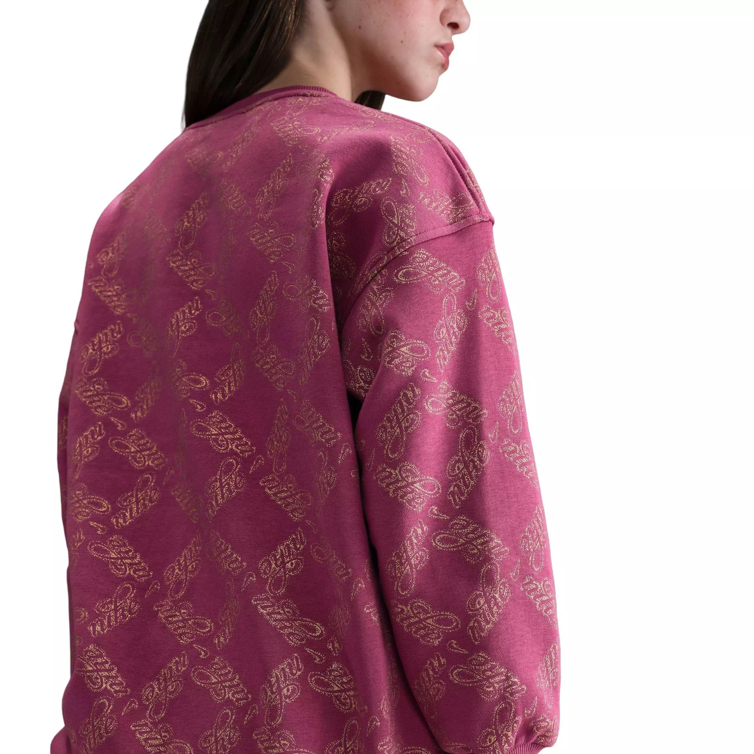 Nike Big Girls' Sportswear Club Fleece Oversized Printed Crewneck Sweatshirt - Beet Purple/Gold - BEET PURPLE/GOLD