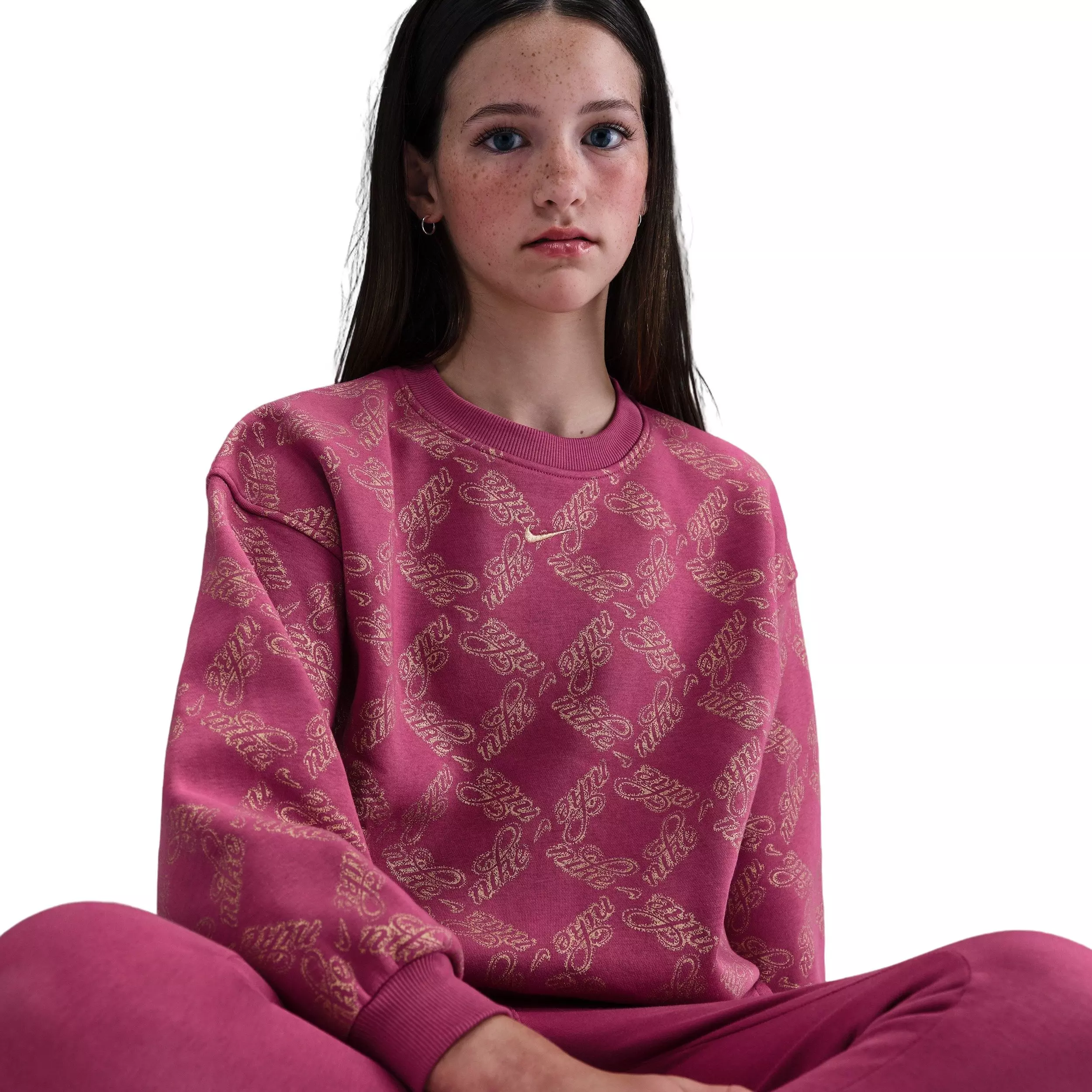 Nike Big Girls' Sportswear Club Fleece Oversized Printed Crewneck Sweatshirt - Beet Purple/Gold - BEET PURPLE/GOLD