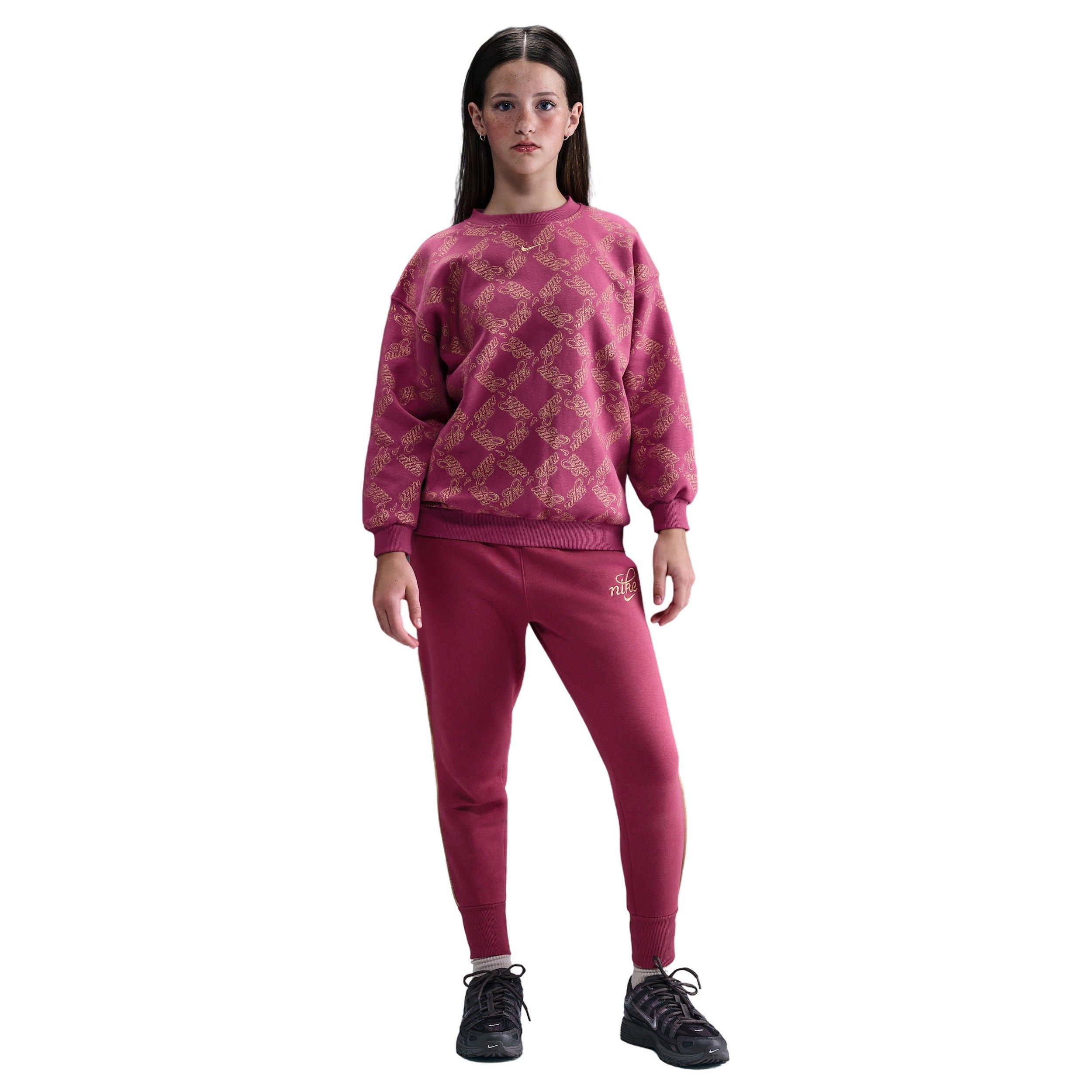 Nike Sportswear Club Fleece Oversized Big Girls' Beet Purple/Gold Printed Crewneck Sweatshirt
