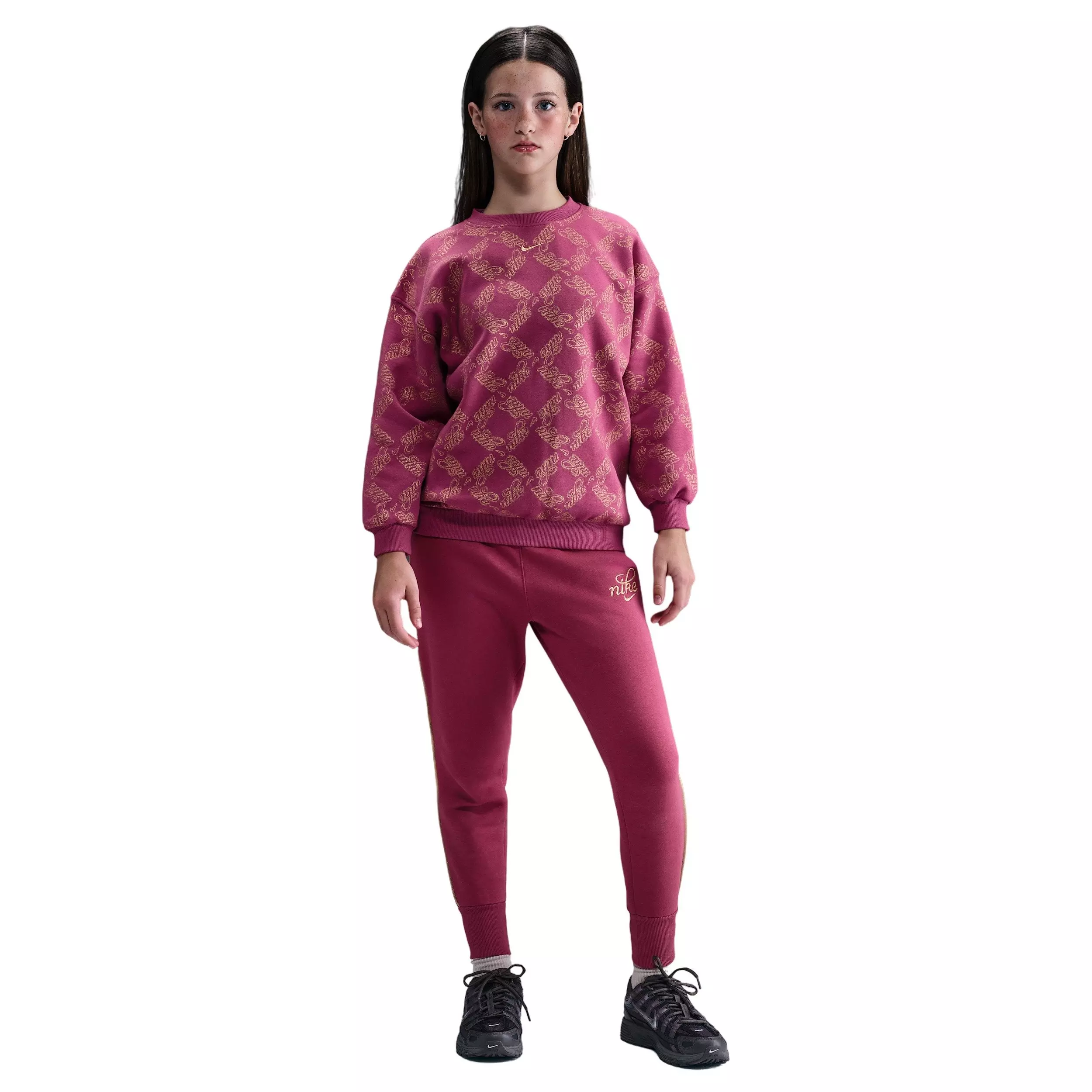 Nike Big Girls' Sportswear Club Fleece Oversized Printed Crewneck Sweatshirt -Beet Purple/Gold - BEET PURPLE/GOLD