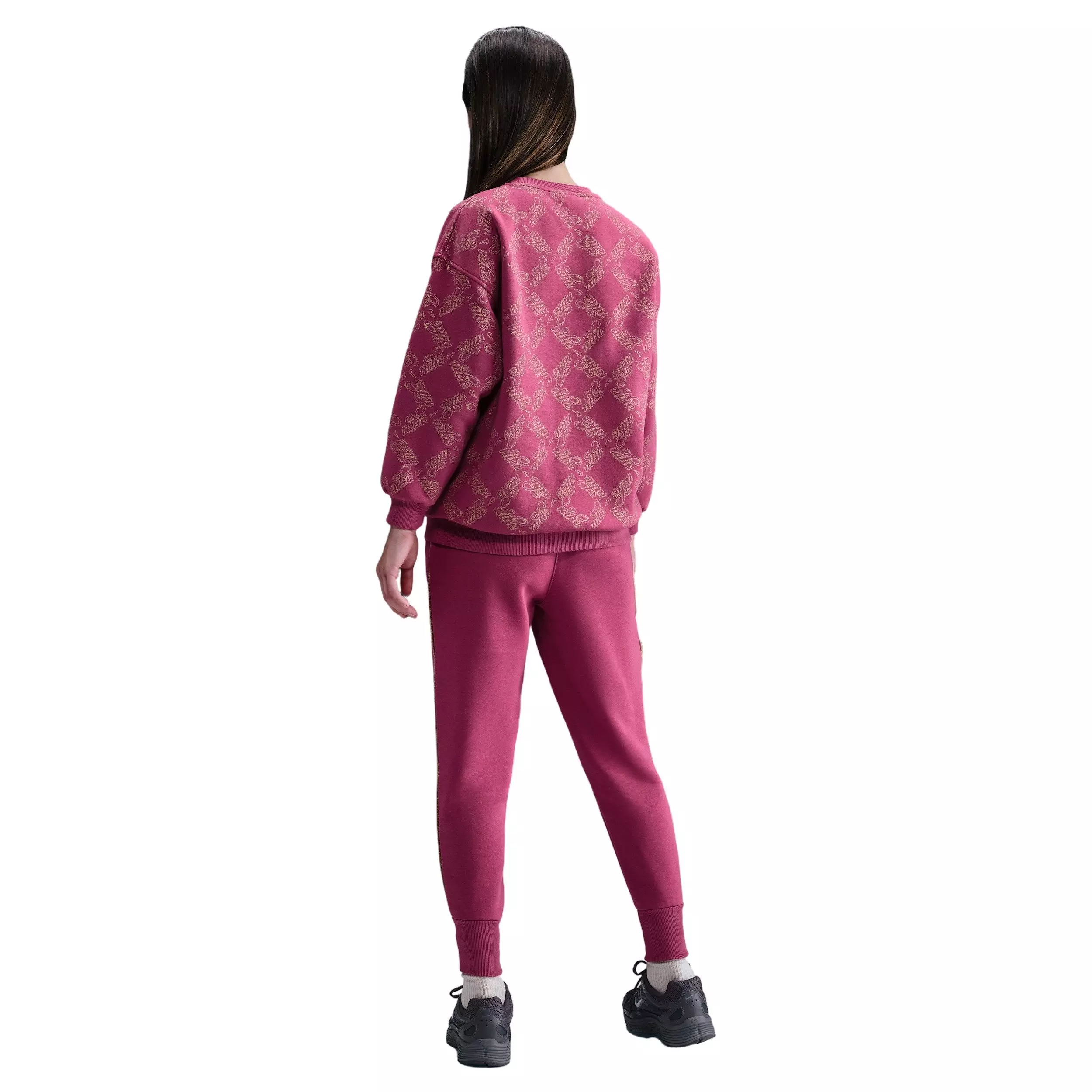 Nike Big Girls' Sportswear Club Fleece Oversized Printed Crewneck Sweatshirt -Beet Purple/Gold - BEET PURPLE/GOLD