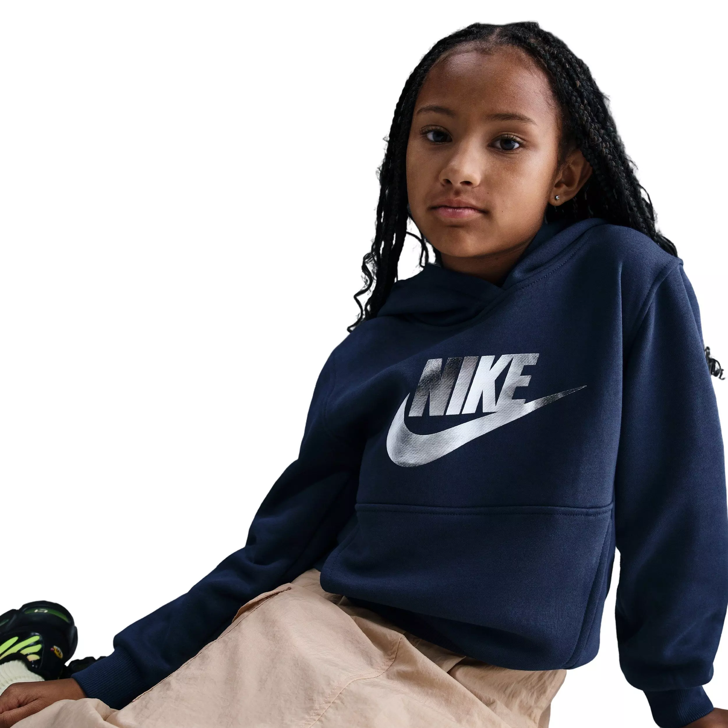 Nike Big Kids' Sportswear Club Fleece Hoodie -Navy/Silver - NAVY/SILVER