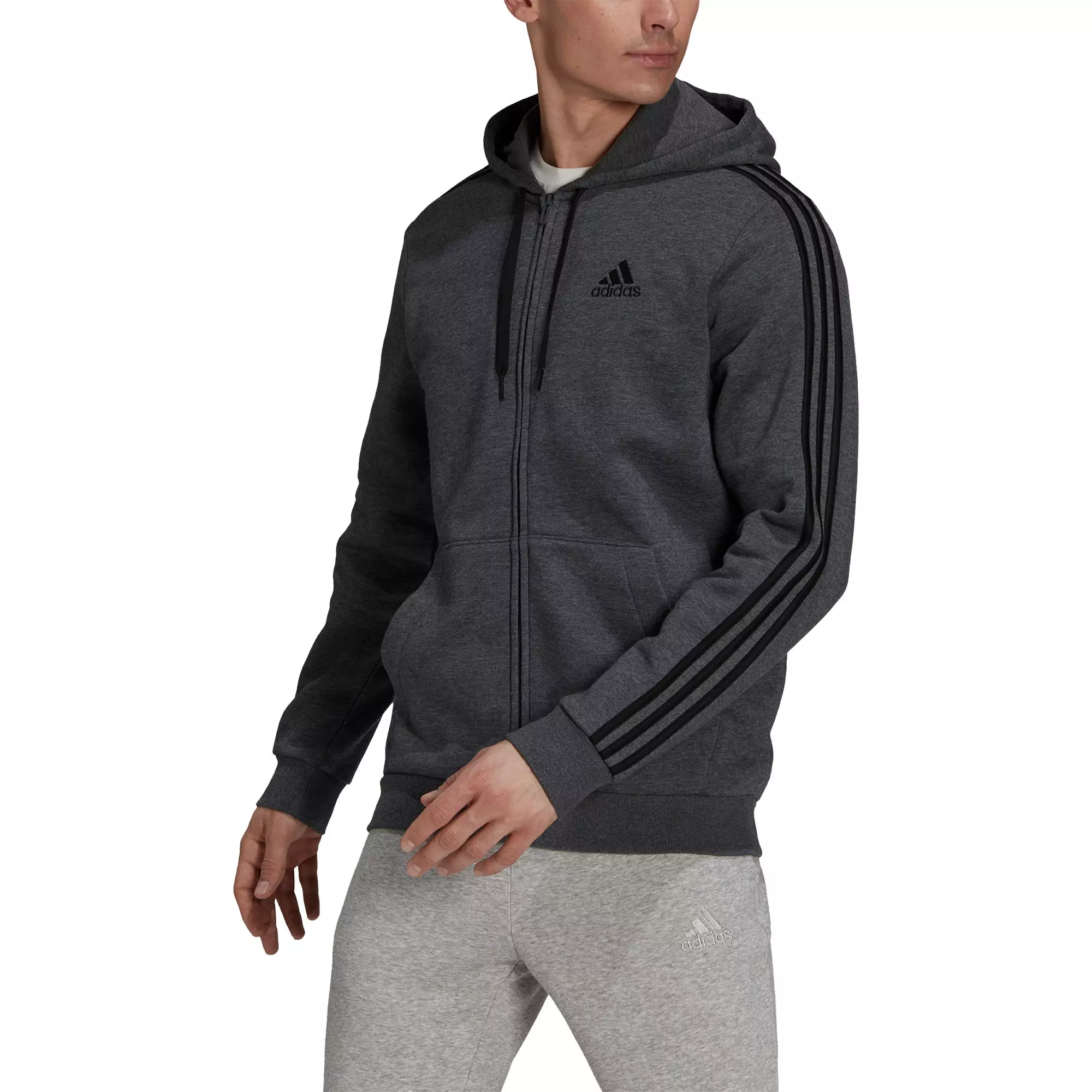 adidas Men's Grey Essentials Fleece 3-Stripes Full-Zip Hoodie