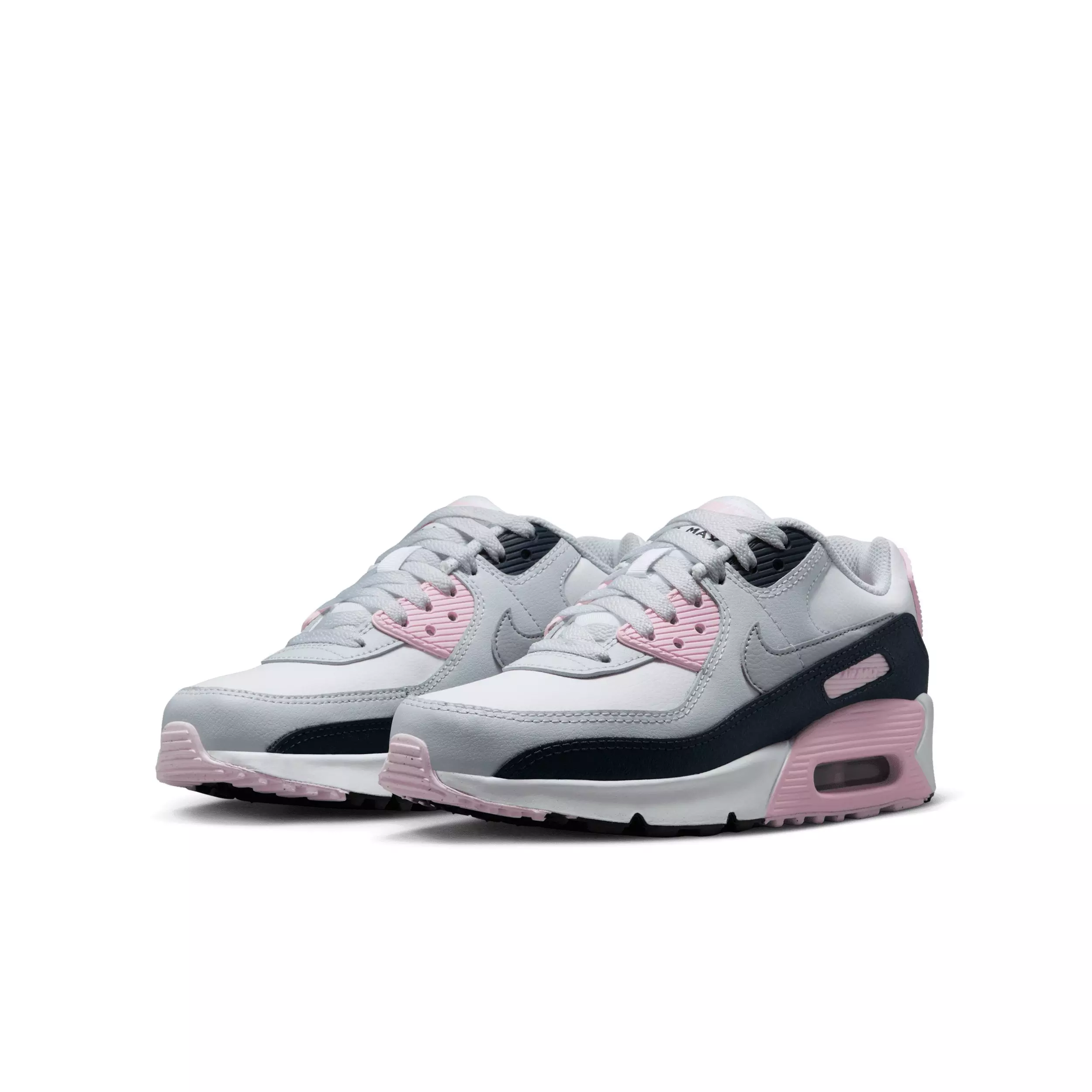 Nike Air Max 90 LTR "White/Pink Foam/Armory Navy/Wolf Grey" Grade School Girls' Shoe - WHITE/PINK/NAVY/GREY